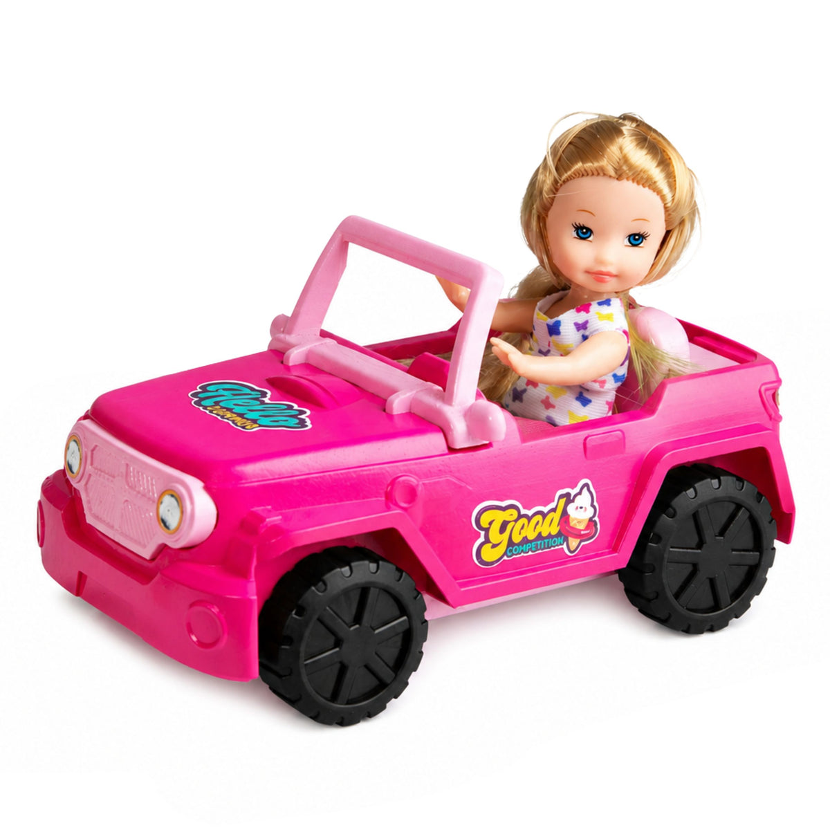 Mini lalka w kabriolecie w samochodzie terenowym z figurką psa