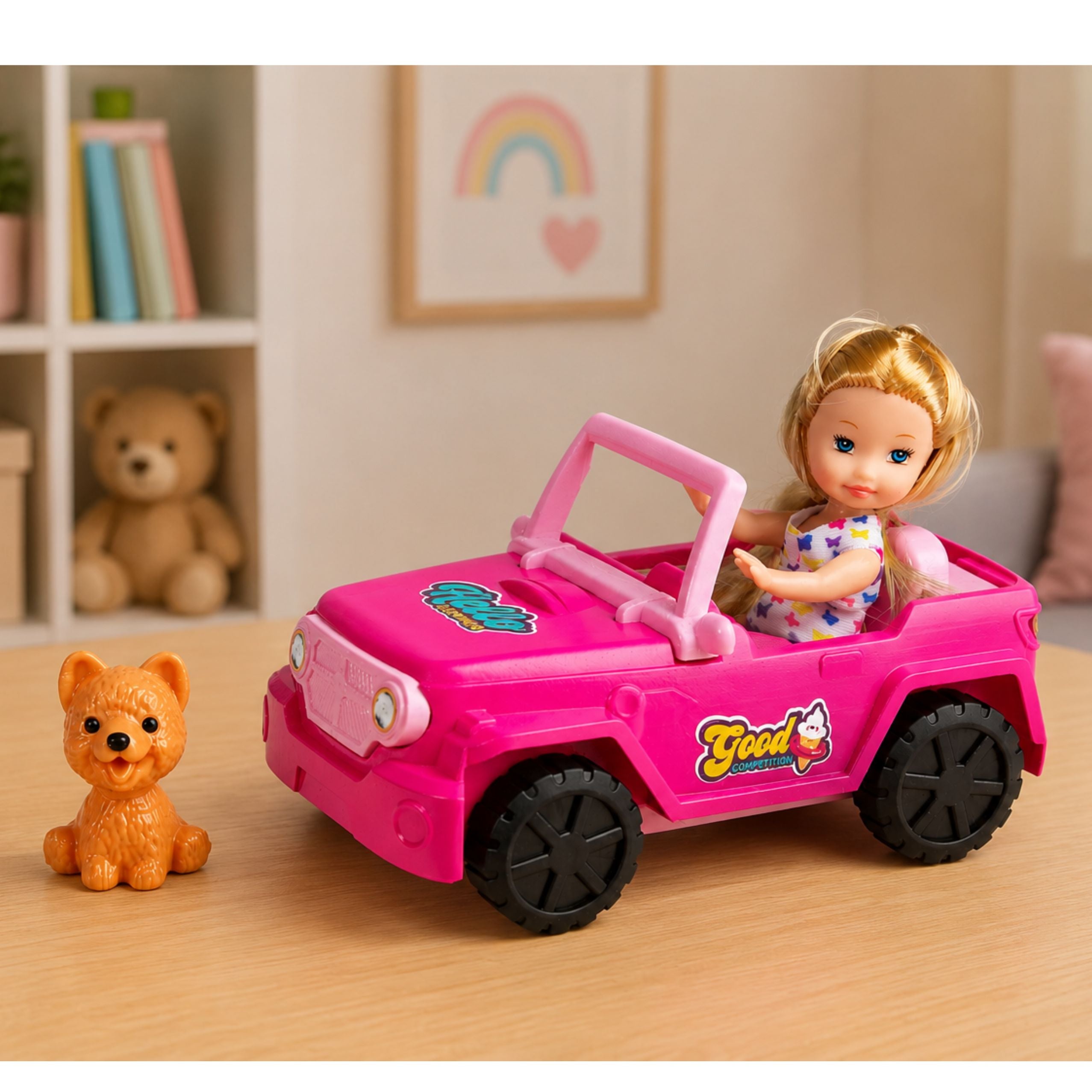 Mini Doll In A Cabriolet Off-road Vehicle Set With A Dog Figurine