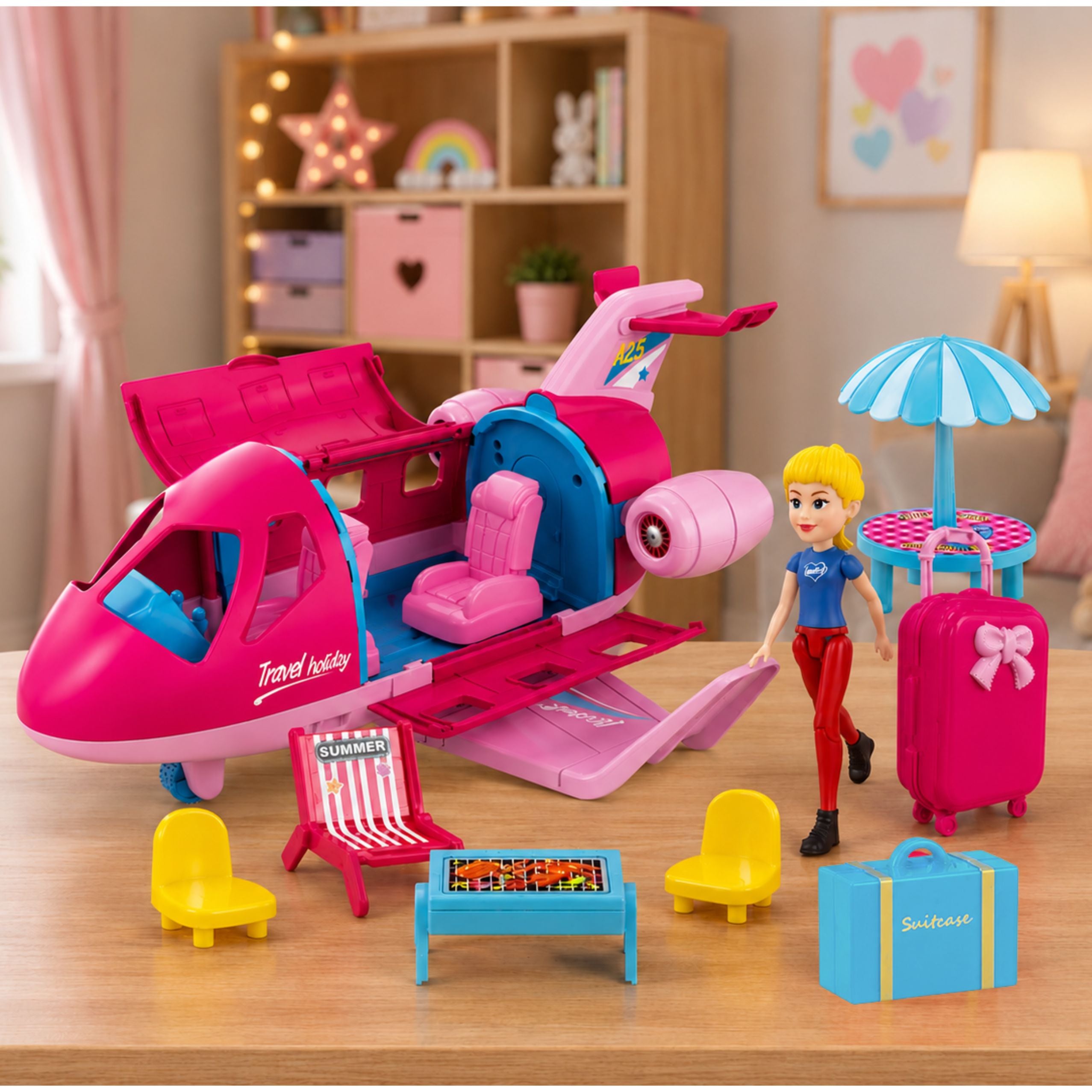 Foldable Plane For Dolls Travel Set Accessories Doll Pink 9 Pcs.