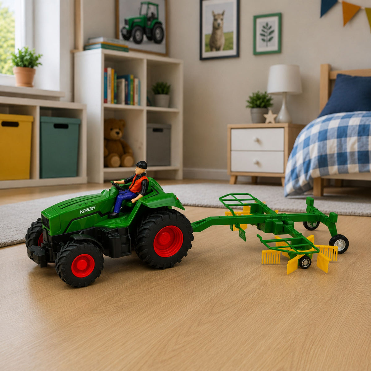 Remote Controlled Farm Tractor With Hay Rake Rc Lights 1:24