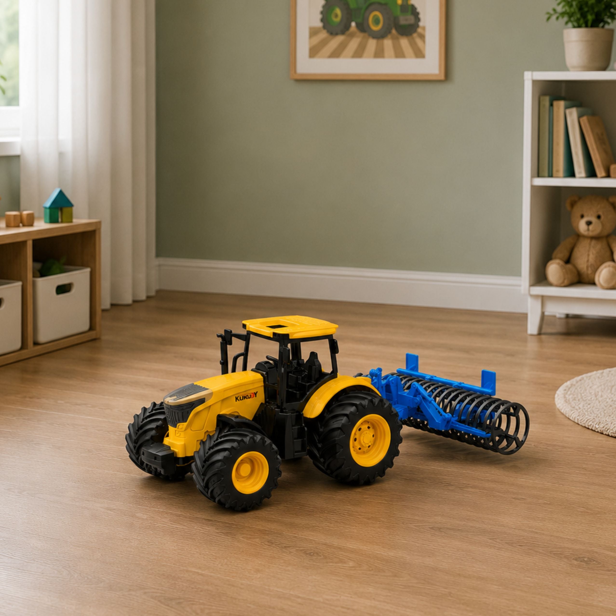 Agricultural Farm Tractor With Roller Lights Sounds Yellow 1:24