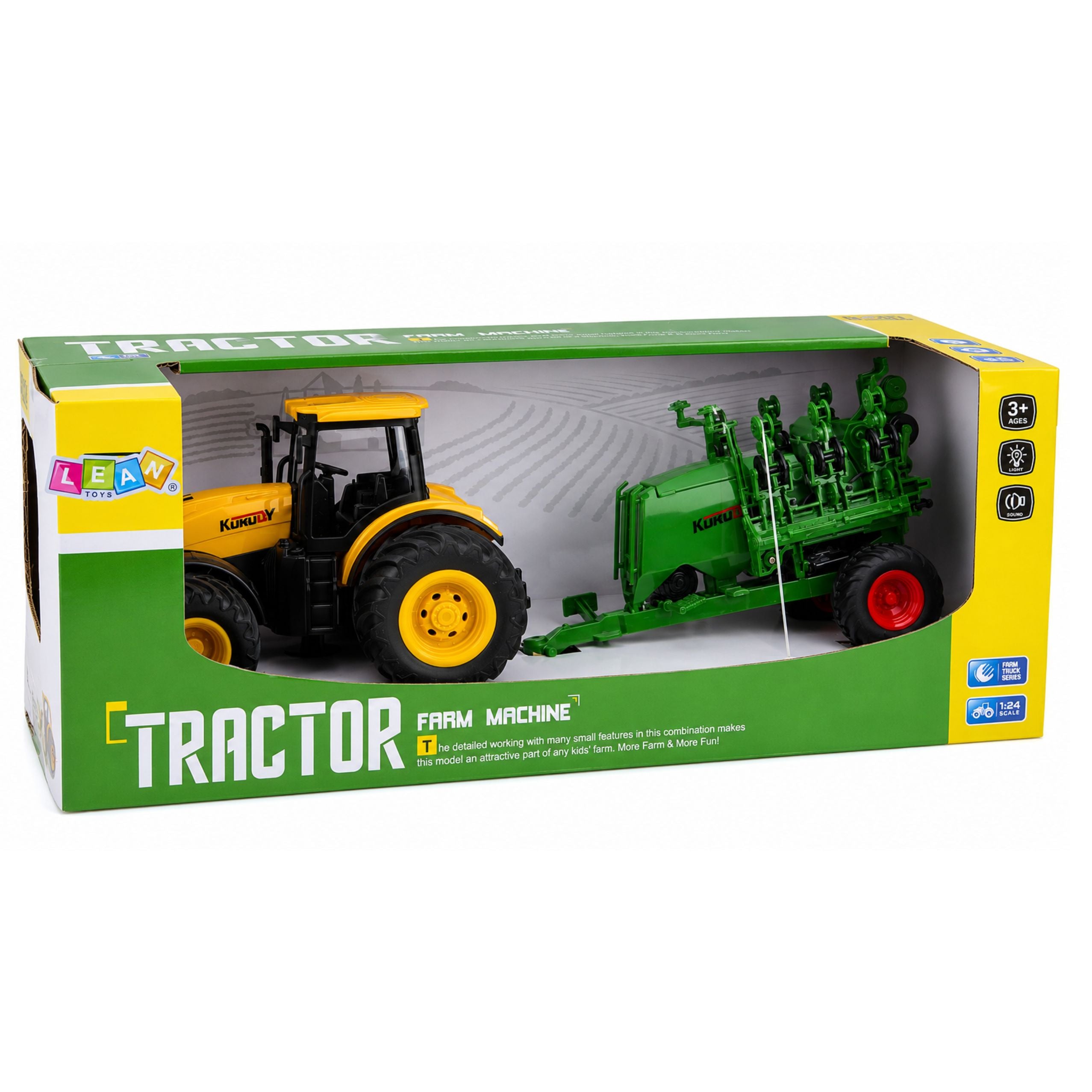 Agricultural Tractor With Seeder And Cultivator Lights Sounds Yellow 1:24