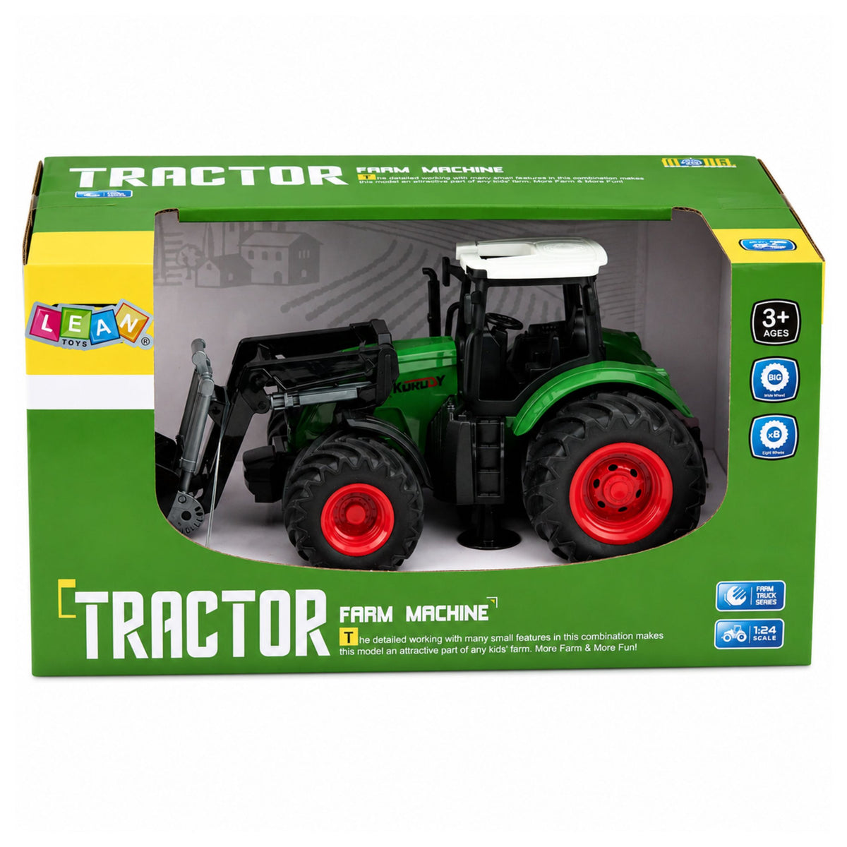 Mezőgazdasági traktor homlokrakodó gumikerekekkel, zöld 1:24