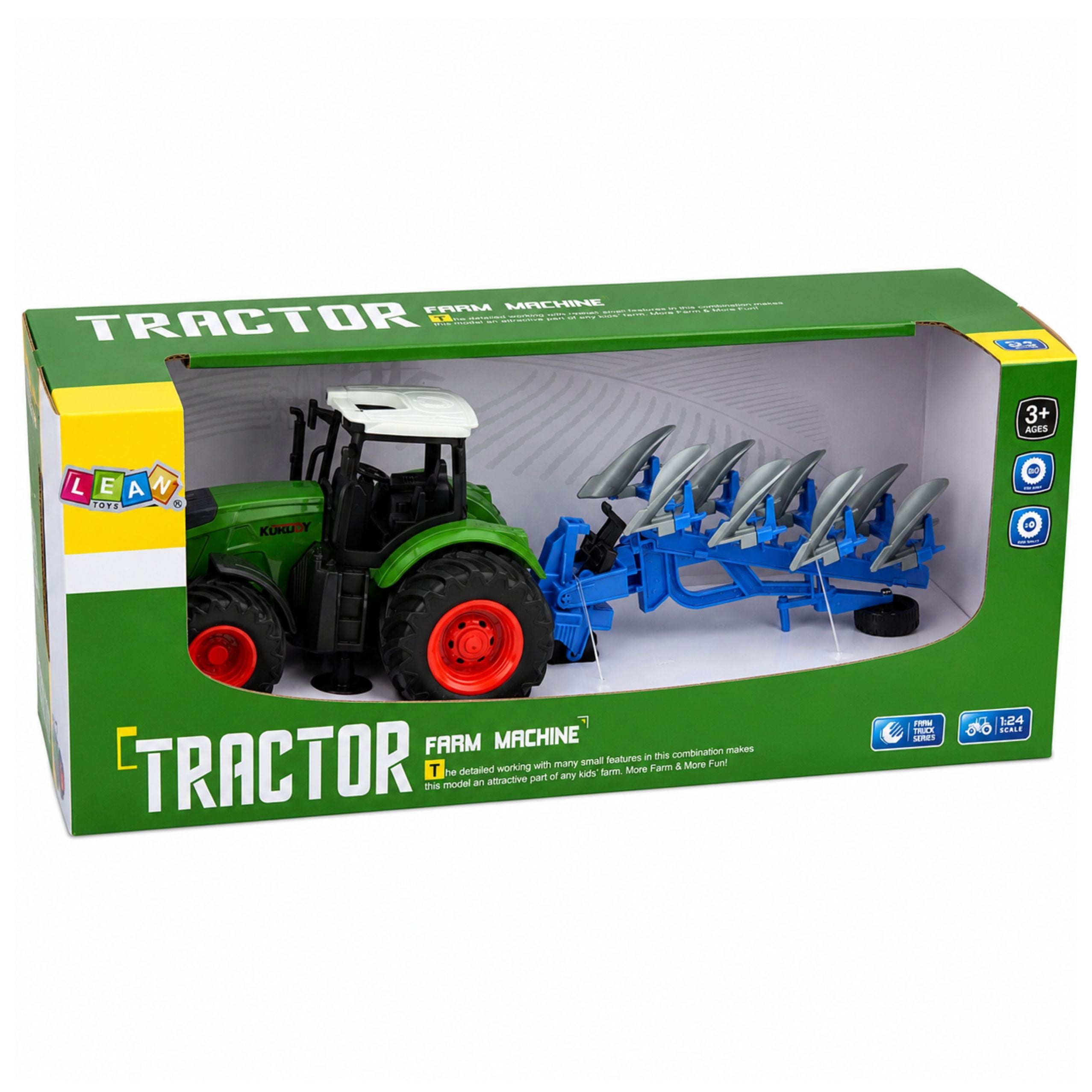 Agricultural Farm Tractor With Double-furrow Plow Rubber Wheels Green 1:24
