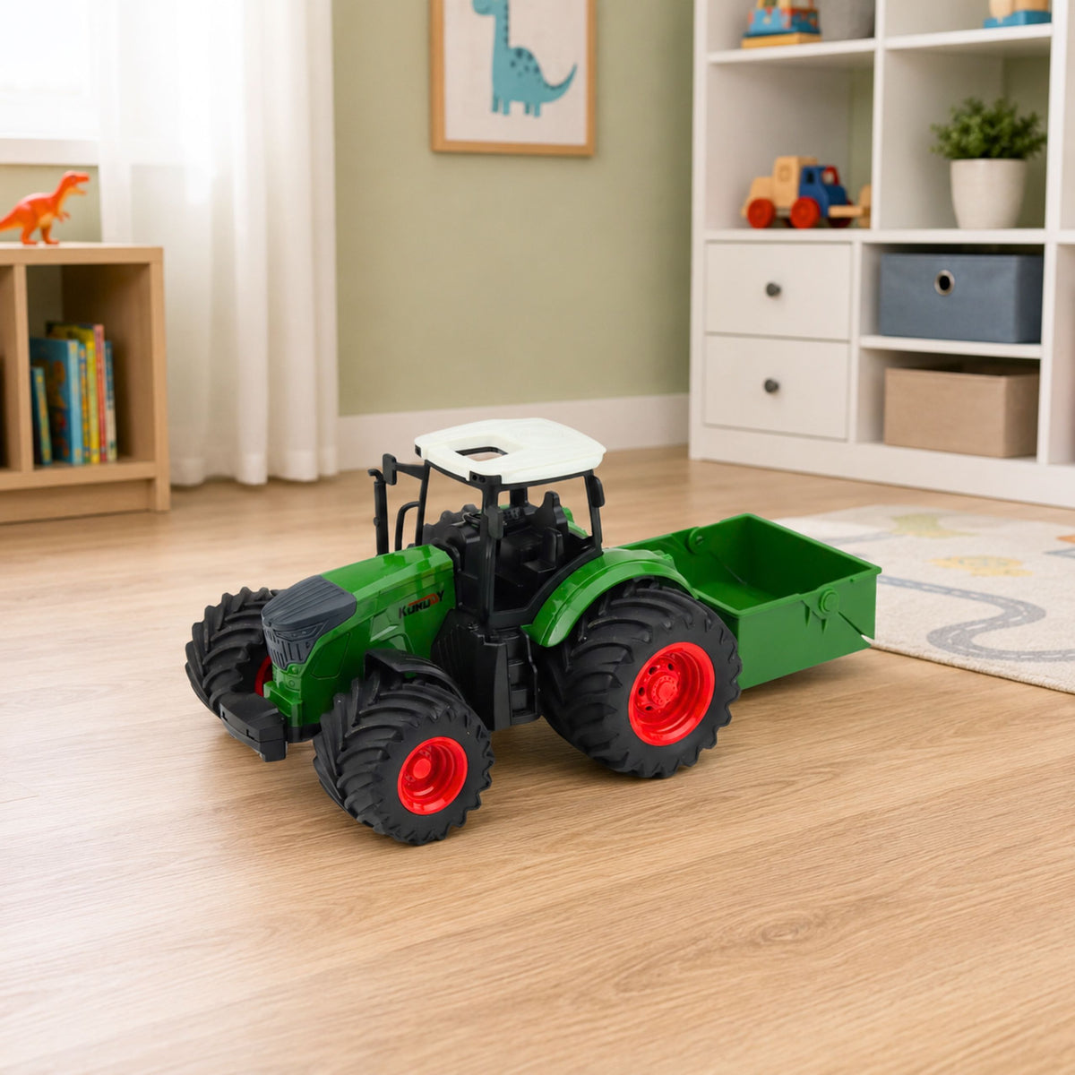 Landwirtschaftlicher Ackerschlepper mit Düngerstreuer, Gummiräder, grün, Maßstab 1:24