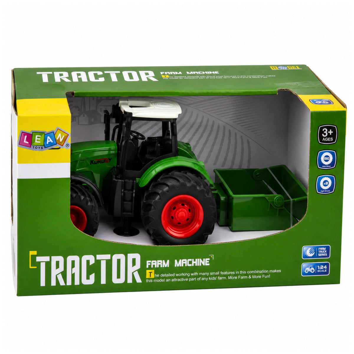 Landwirtschaftlicher Ackerschlepper mit Düngerstreuer, Gummiräder, grün, Maßstab 1:24