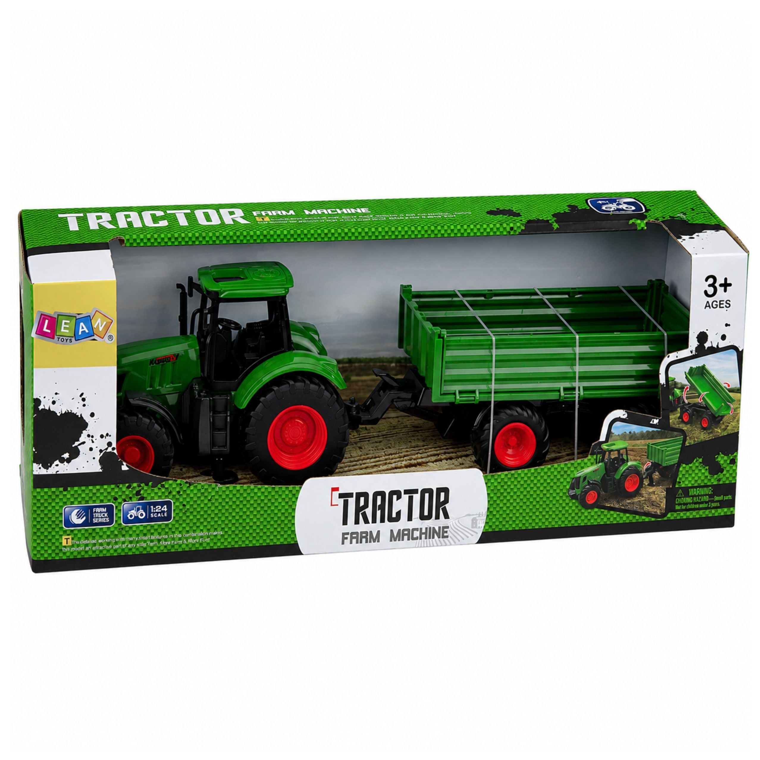 Agricultural Farm Tractor With Tipper Trailer Rubber Wheels Green 1:24