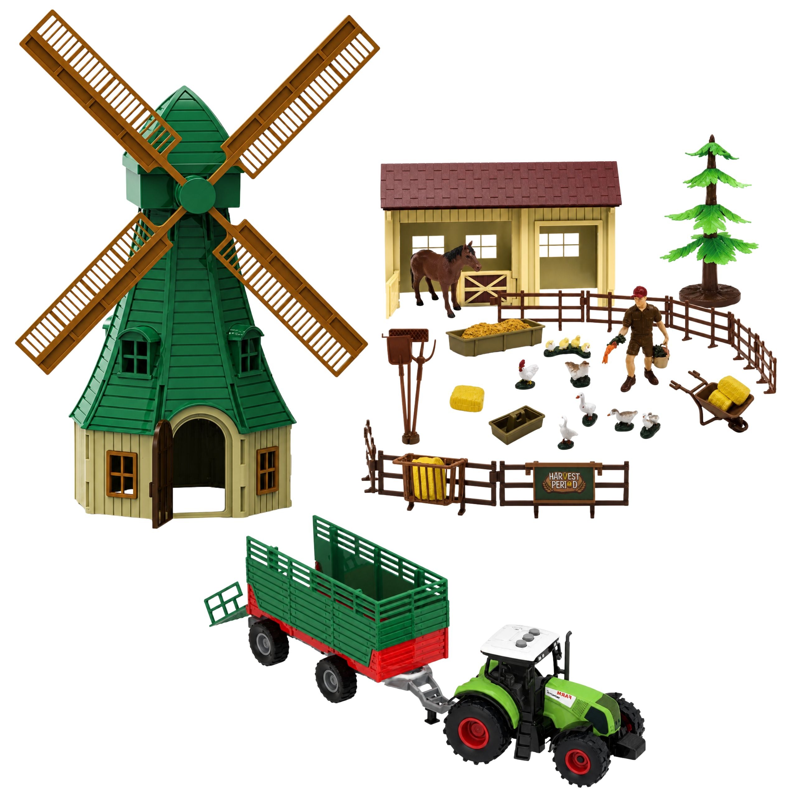 Farm Set With Tractor Windmill Stable Trailer And Animal Figures 45 Pieces.