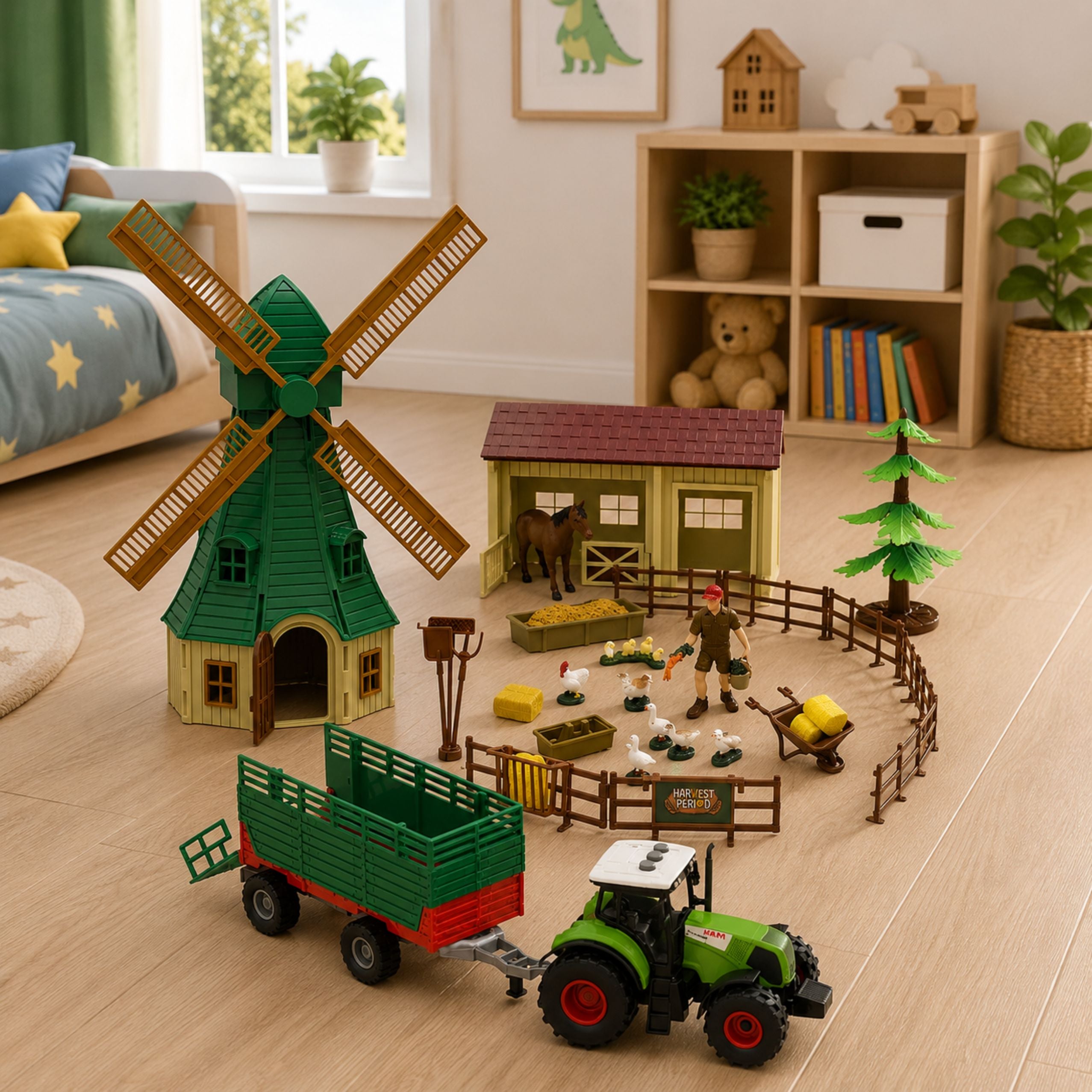 Farm Set With Tractor Windmill Stable Trailer And Animal Figures 45 Pieces.