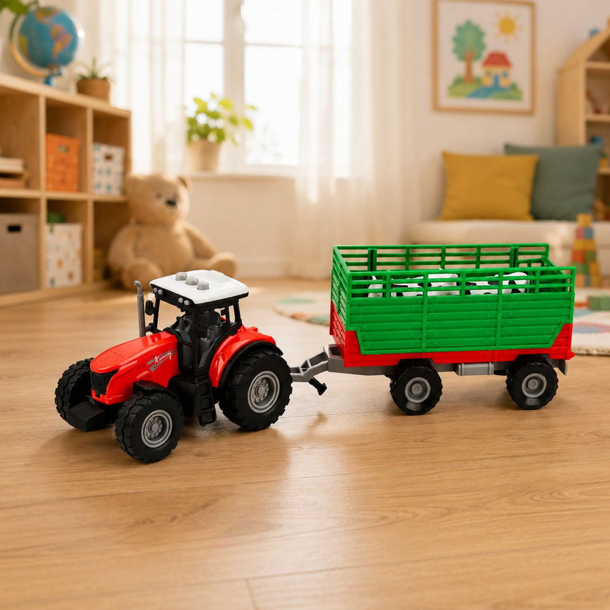 Trattore Con Rimorchio Per Il Trasporto Di Animali Figure Di Mucca Luci Suoni 4 Pz.