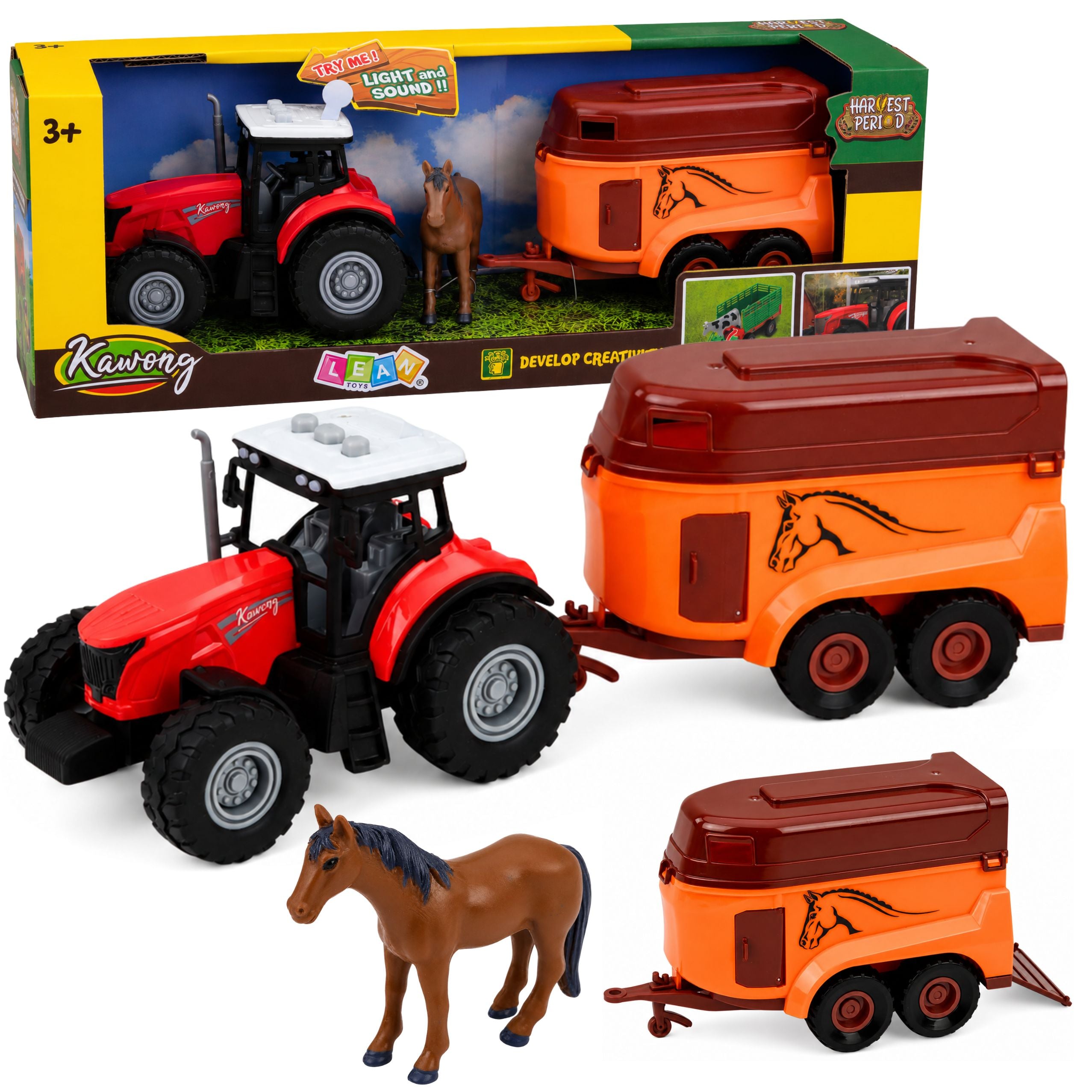 Tractor With Trailer For Transporting Horse Figurine Lights Sounds 3 Pcs.