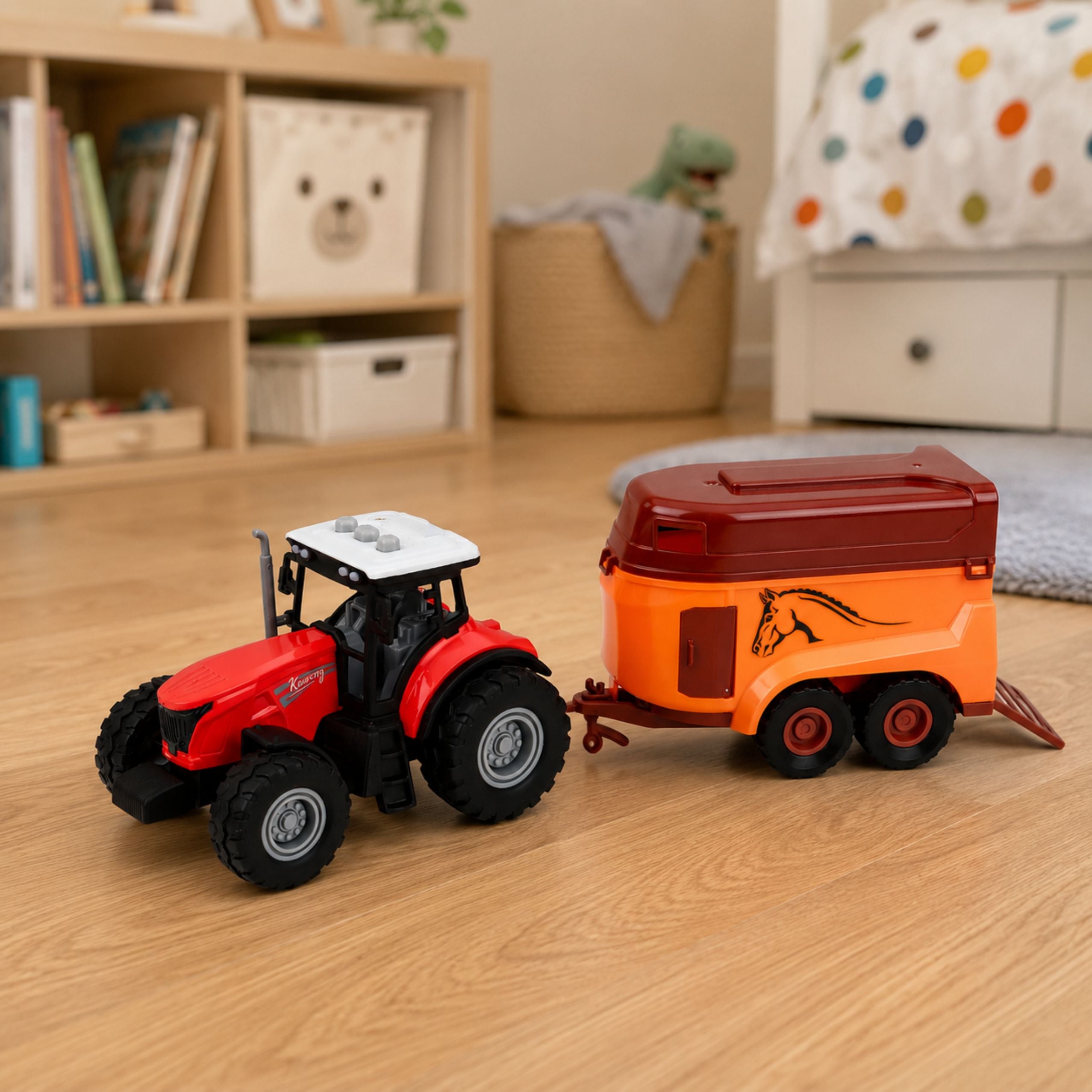 Tractor With Trailer For Transporting Horse Figurine Lights Sounds 3 Pcs.