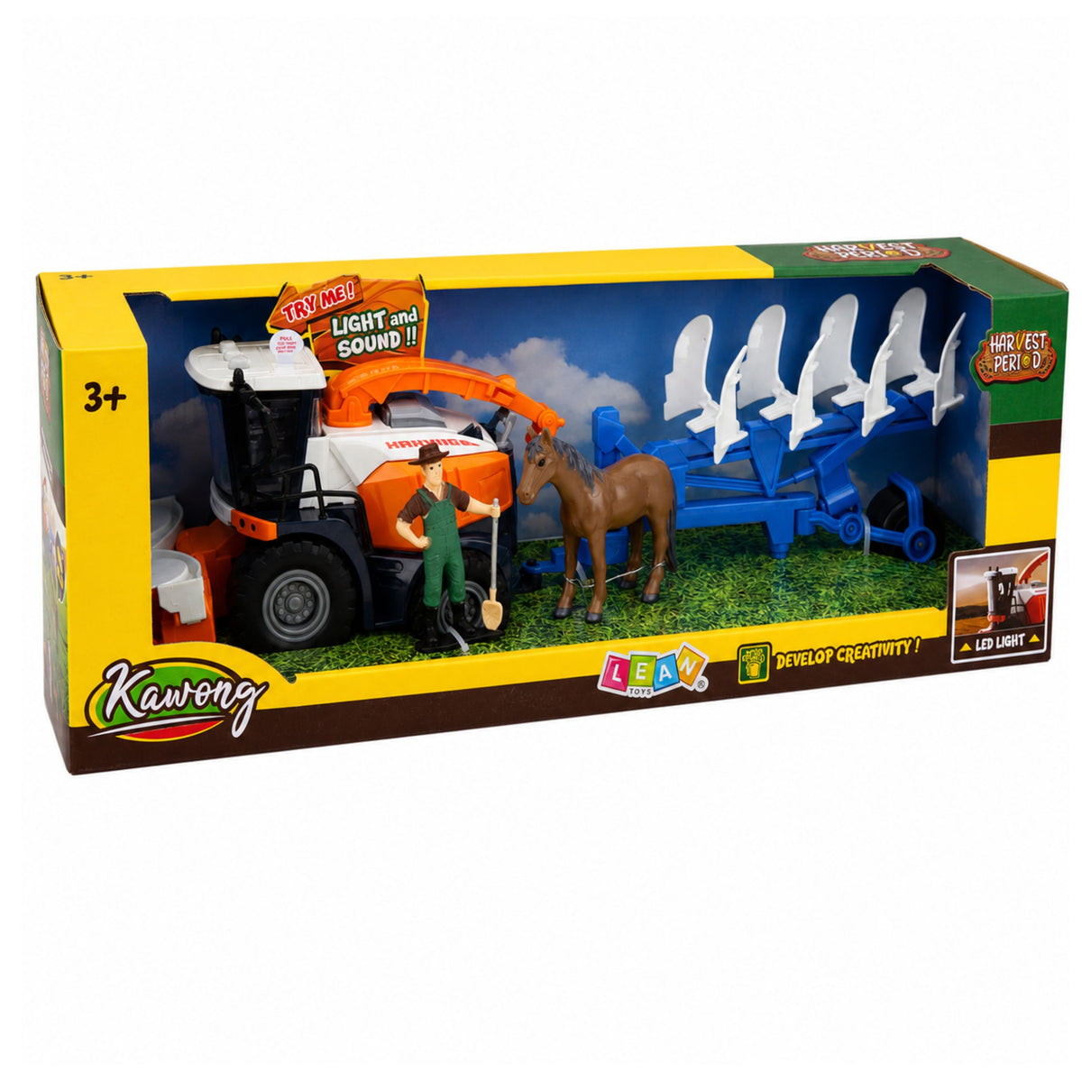 Landwirtschaftlicher Mähdrescher mit Schneidwerk und Pflug, Bauernfiguren, Pferd, Lichter, Geräusche, 4-tlg.