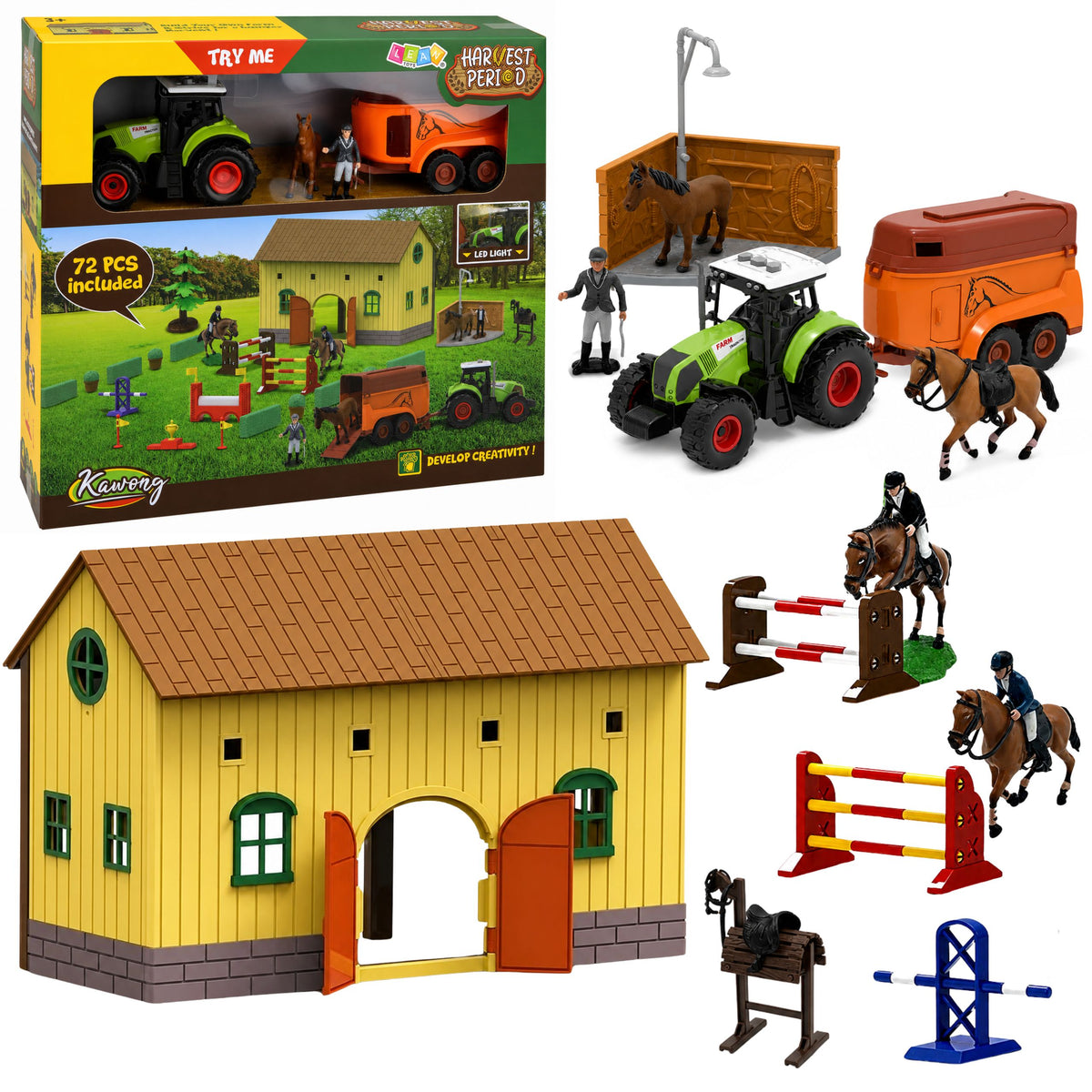 Ensemble ferme haras tracteur agricole parcours d'obstacles sauts collines chevaux figurines 72 pièces.