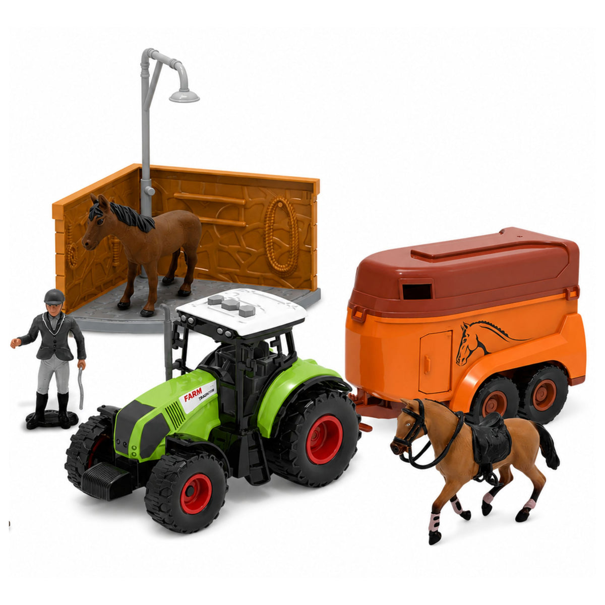 Ensemble ferme haras tracteur agricole parcours d'obstacles sauts collines chevaux figurines 72 pièces.