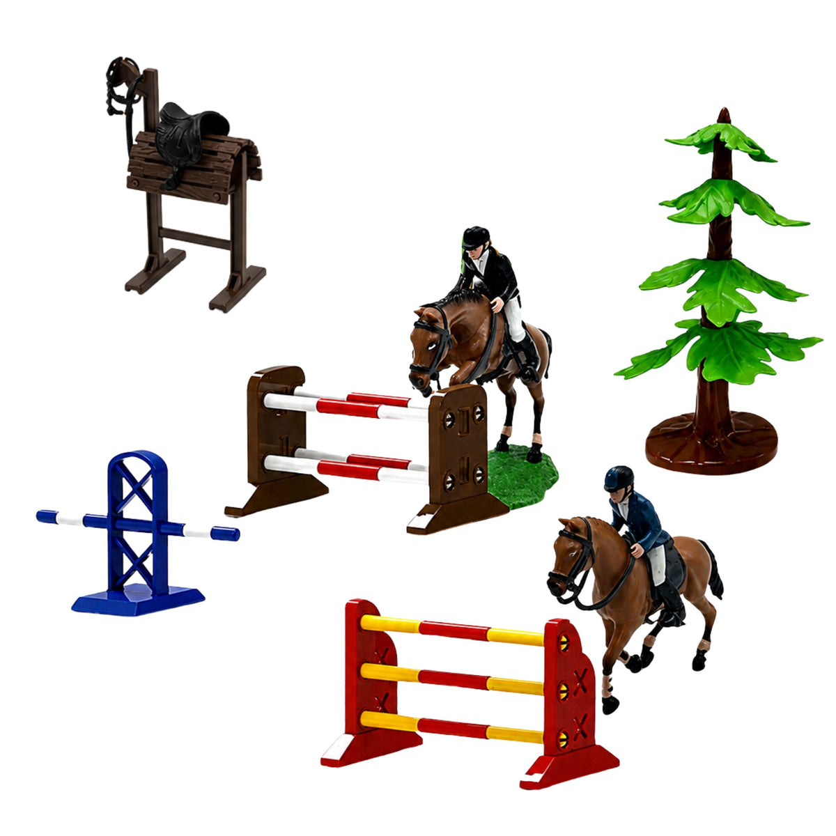 Ensemble ferme haras tracteur agricole parcours d'obstacles sauts collines chevaux figurines 72 pièces.
