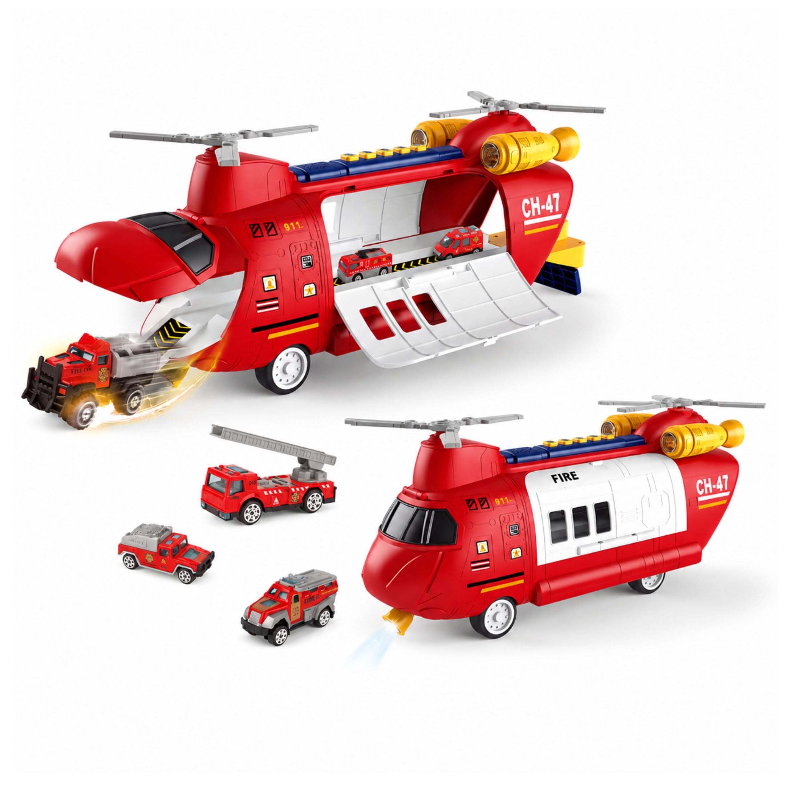 Large Foldable Firefighter Transport Plane With Vehicles Lights And Sounds