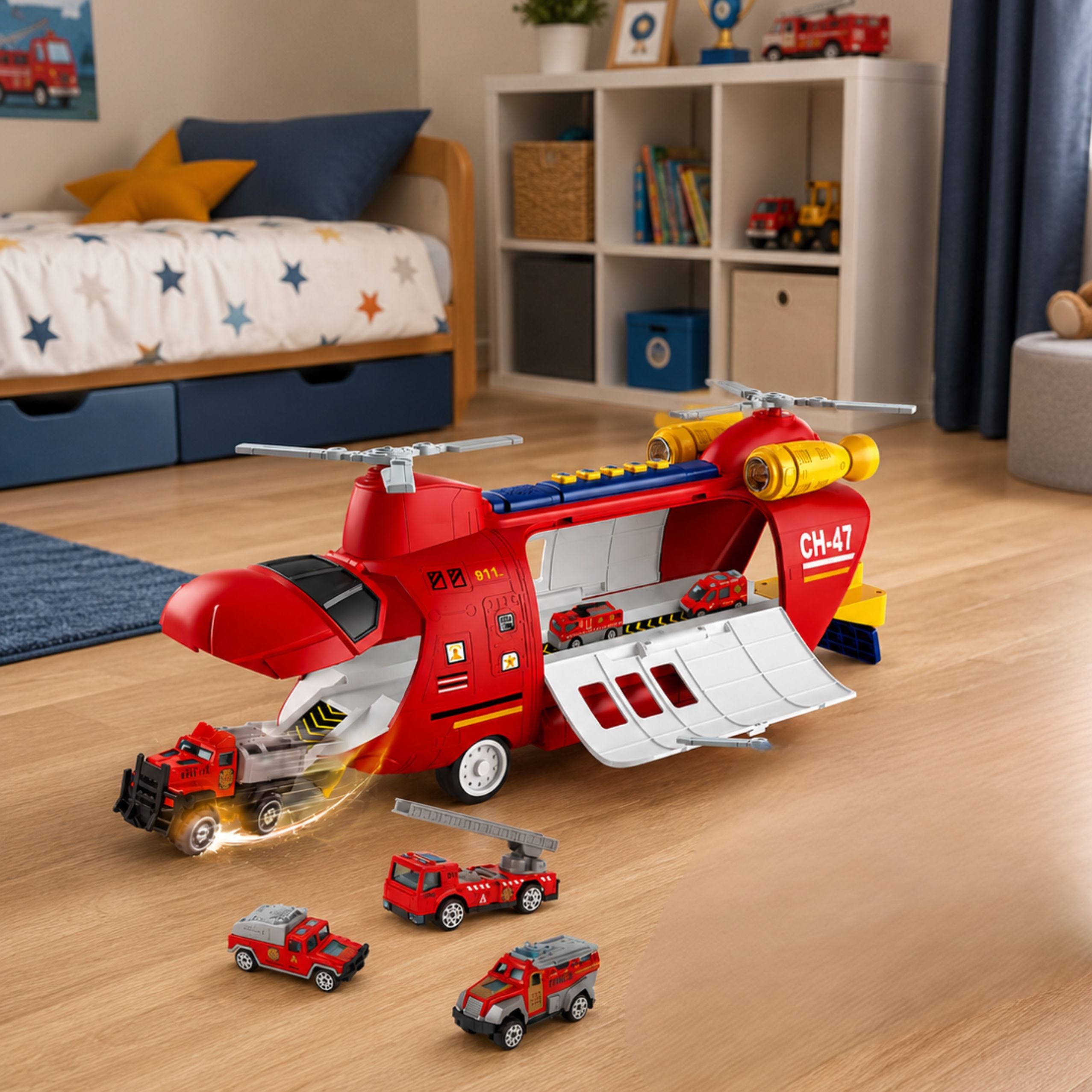 Large Foldable Firefighter Transport Plane With Vehicles Lights And Sounds