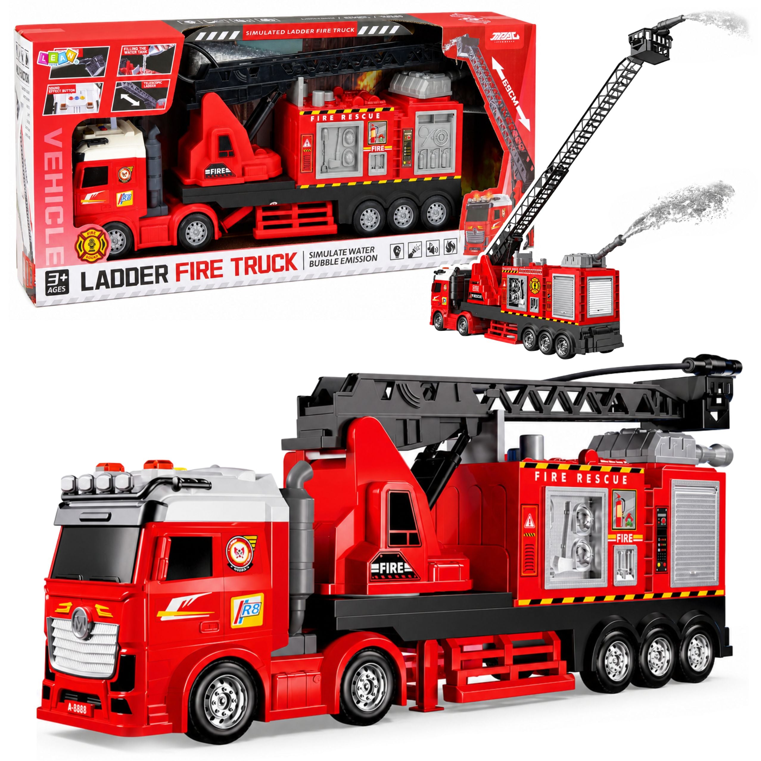 Fire Truck With Boom Extendable Up To 69cm Lights Sounds Water Cannon