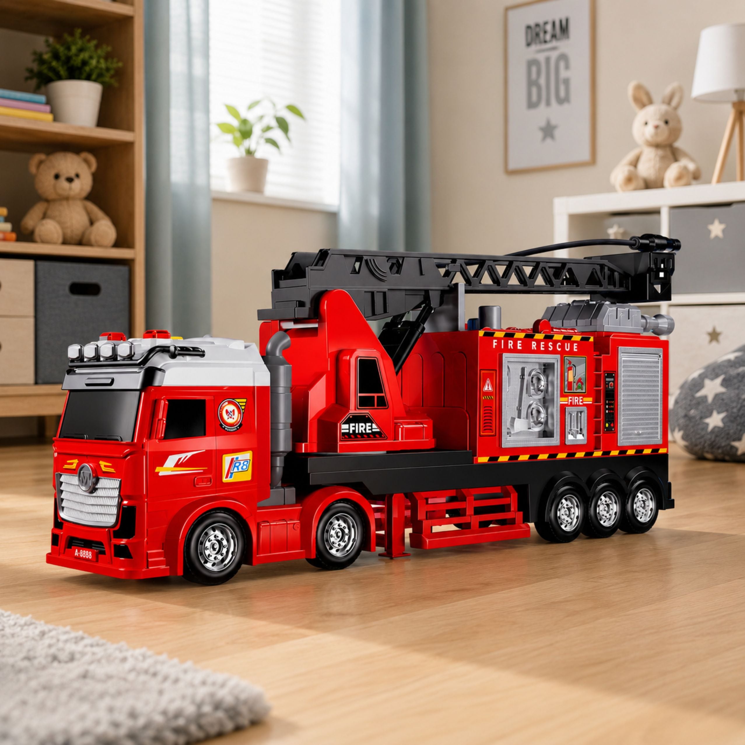 Fire Truck With Boom Extendable Up To 69cm Lights Sounds Water Cannon
