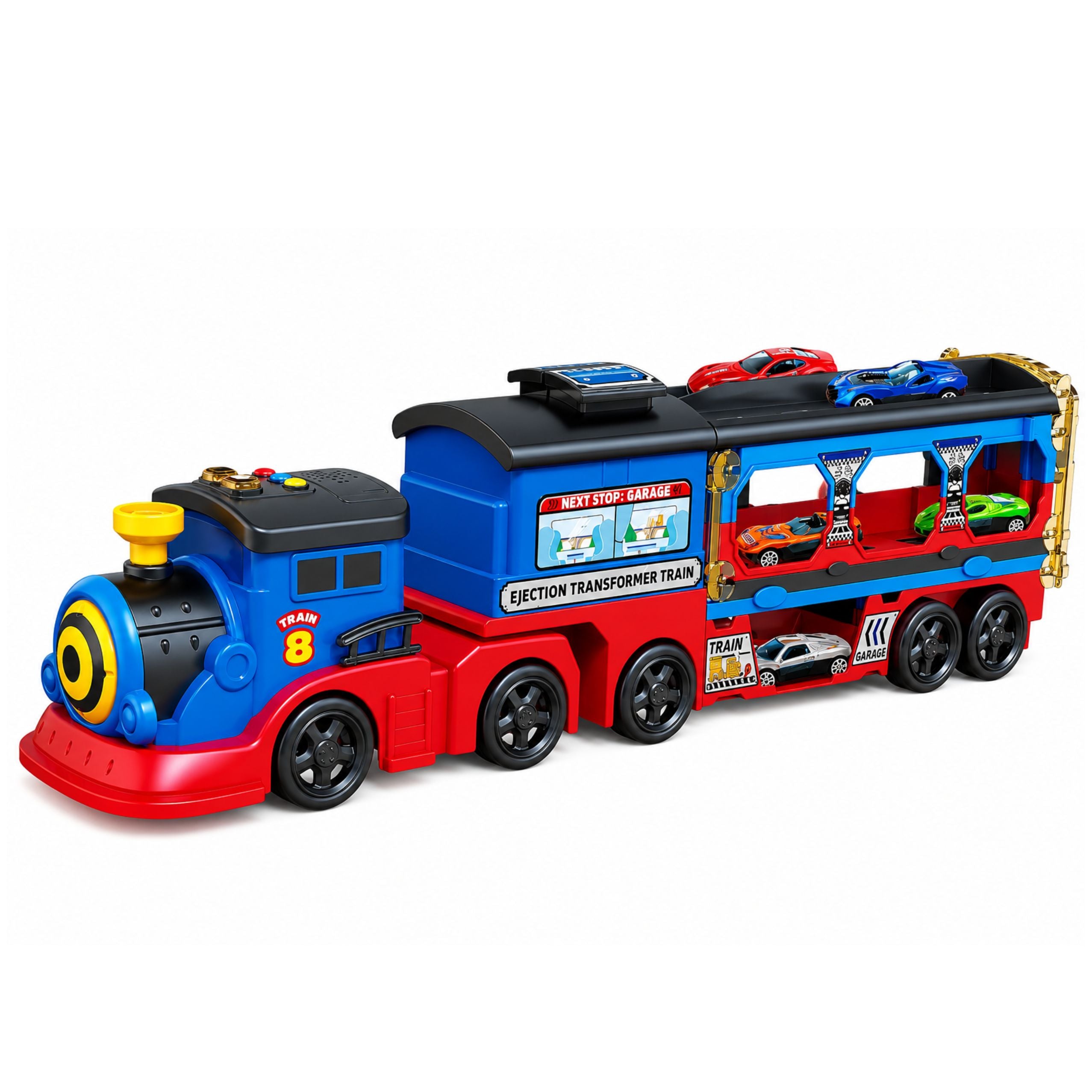 Locomotive Transporter With Cars Track Launcher Ramp Lights Sounds