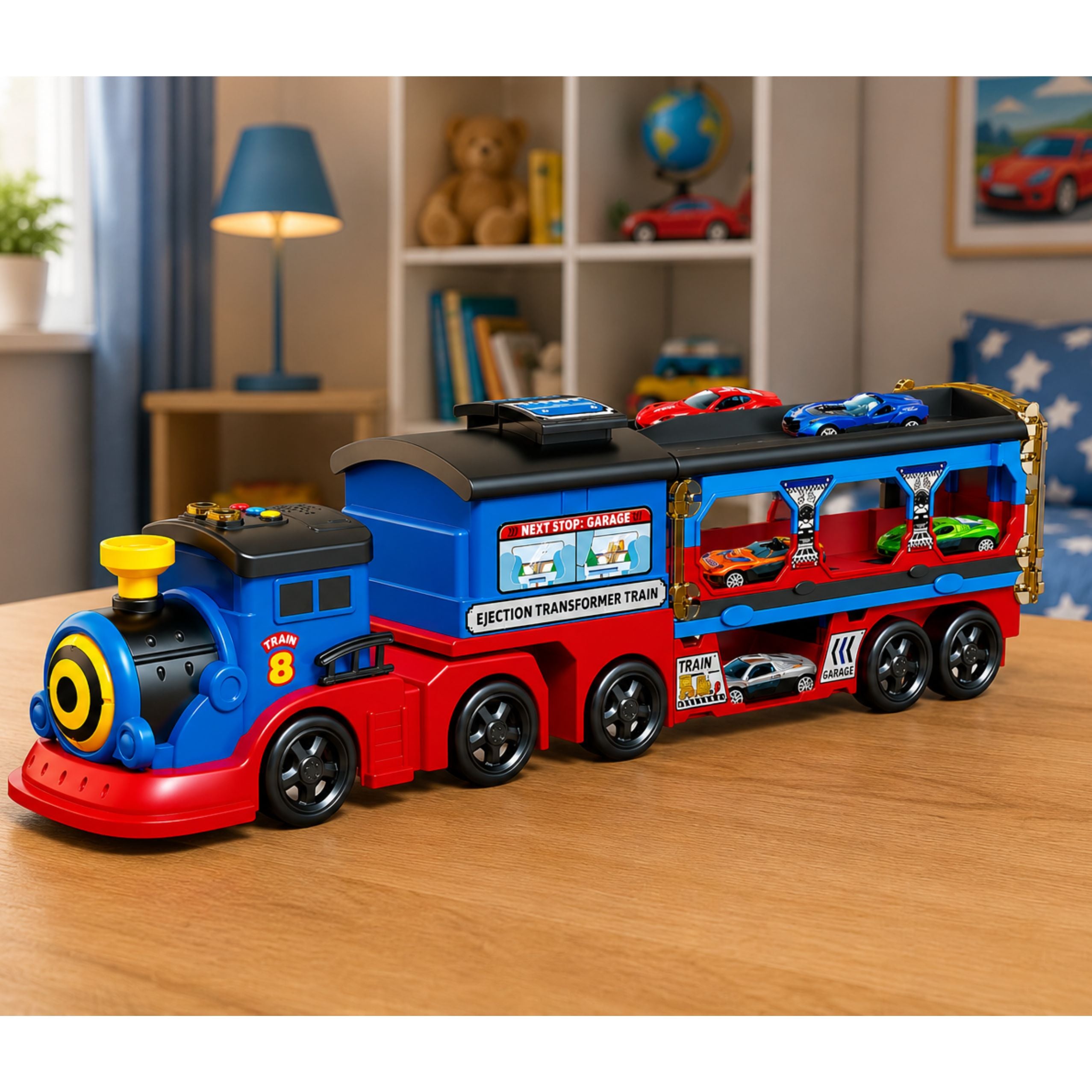 Locomotive Transporter With Cars Track Launcher Ramp Lights Sounds