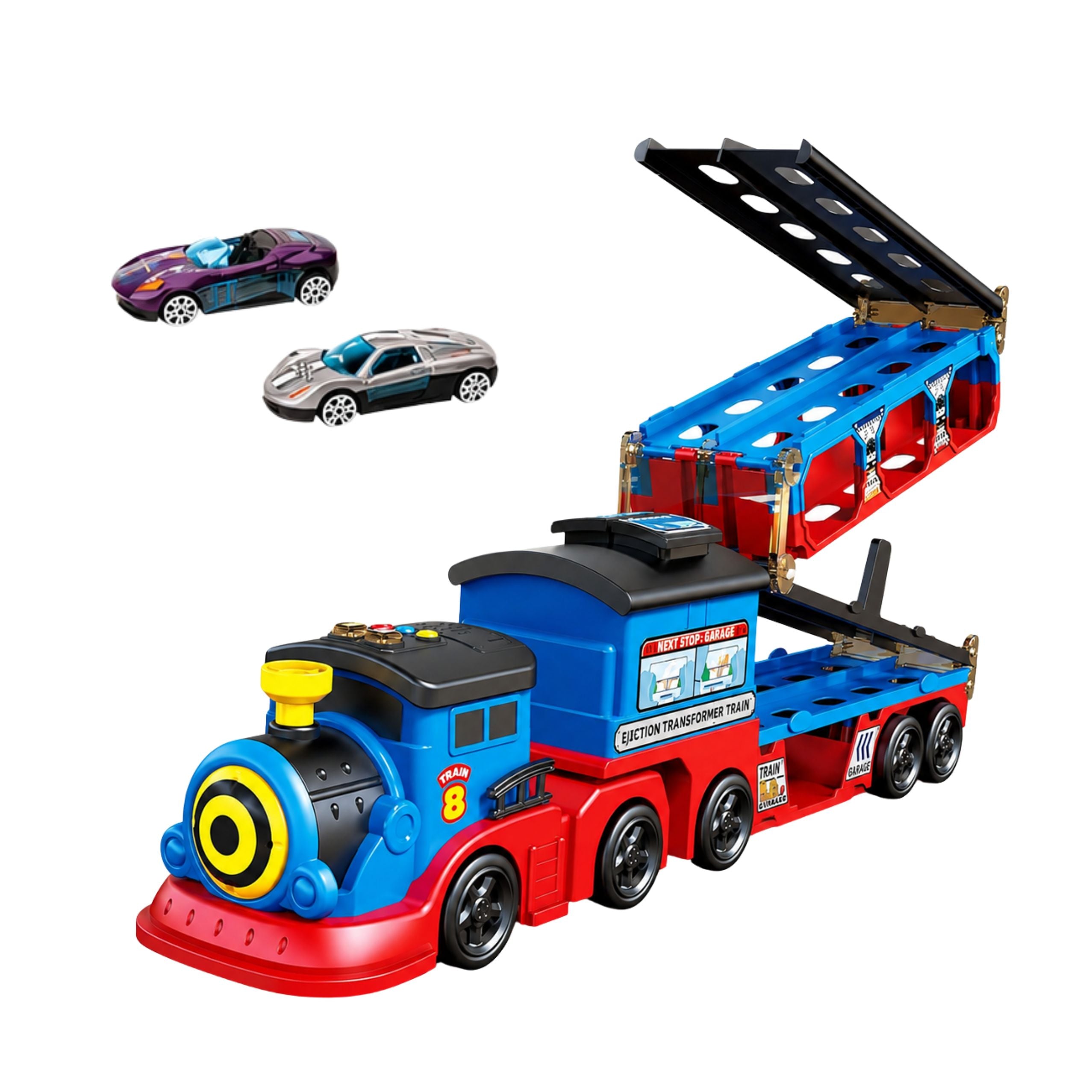 Locomotive Transporter With Cars Track Launcher Ramp Lights Sounds