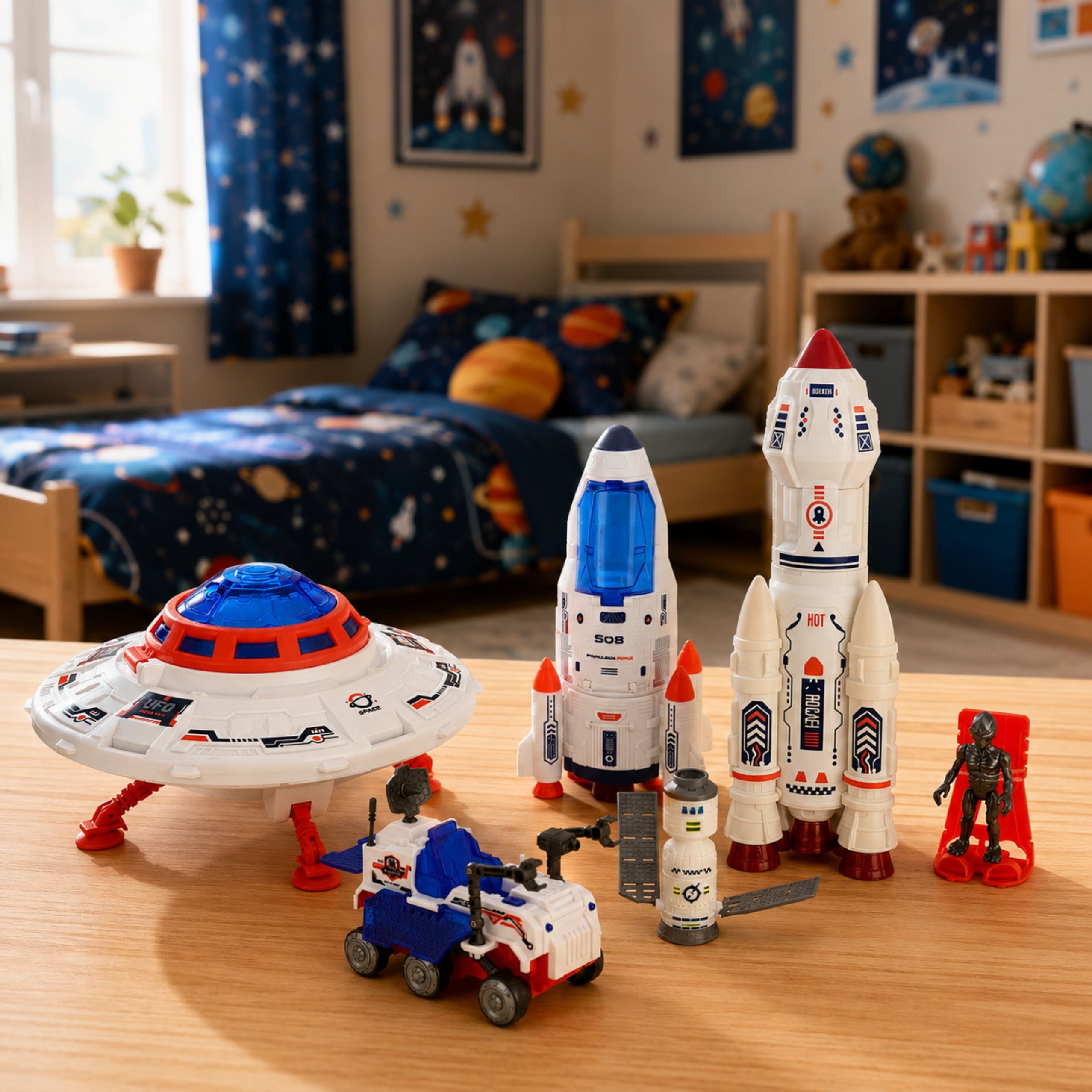 Large Space Set Ufo Rockets Rover Vehicles Ship Alien 8 Pcs.