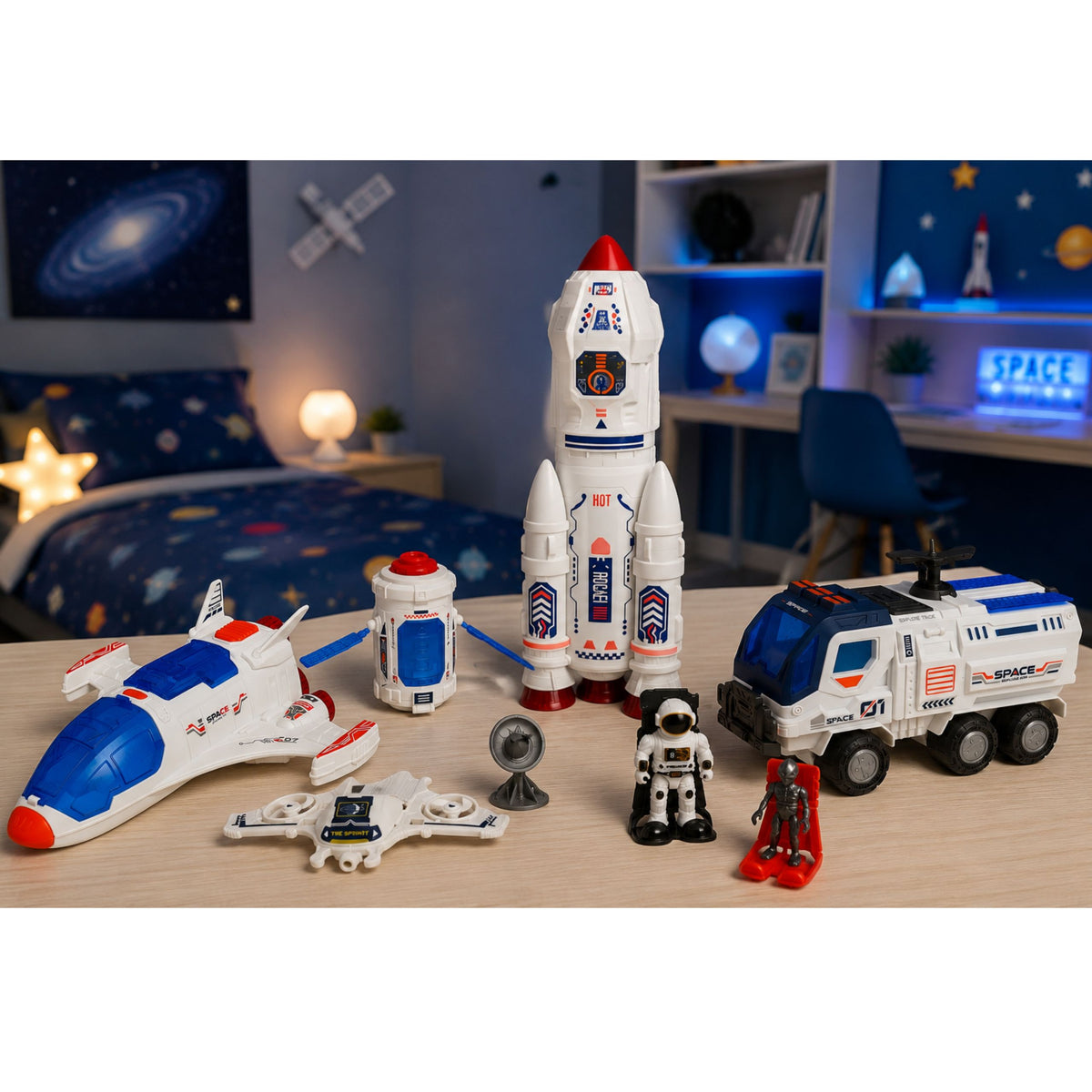 Grote ruimteset Station Rocket Shuttle verkenningsvoertuig Astronauten