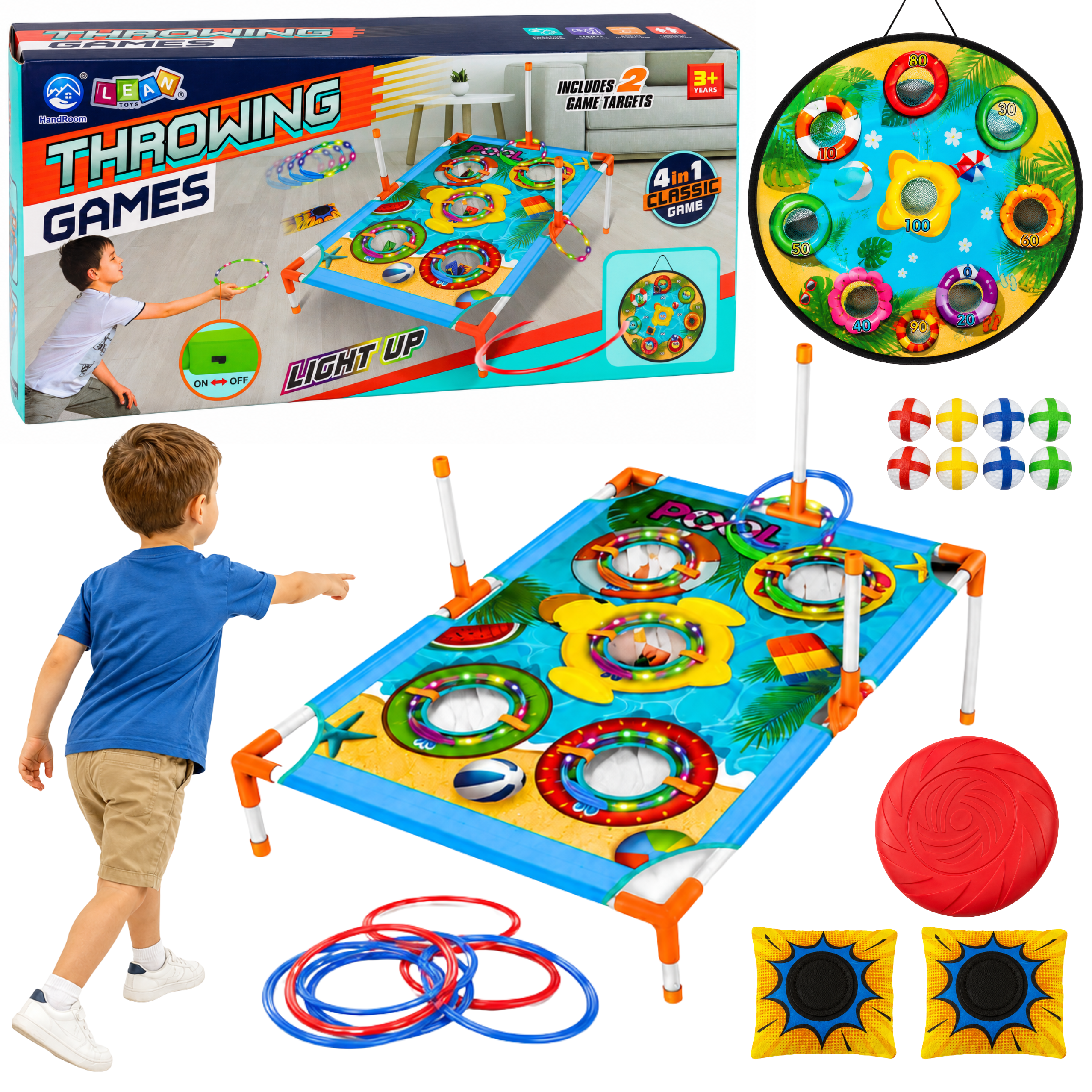 4-in-1 Target Throwing Skill Game With A Board Bags Hoops Frisbee