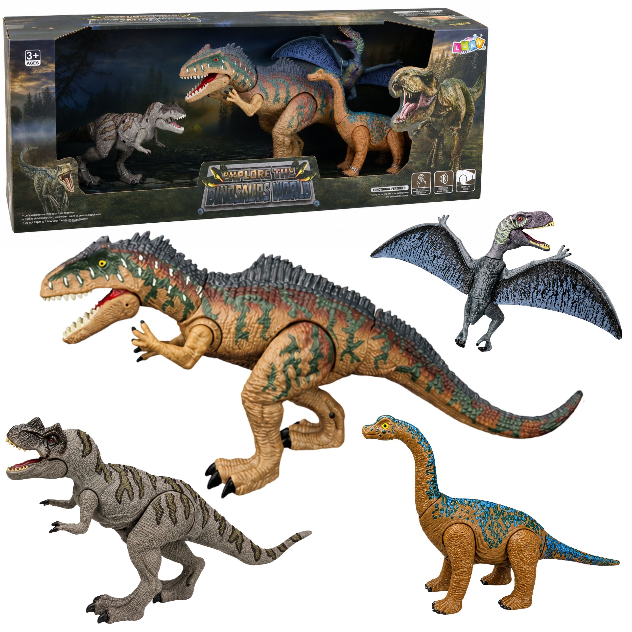 Set Of Dinosaurs Moving T-rex Spinosaurus Pteranodon Brachiosaurus Sounds