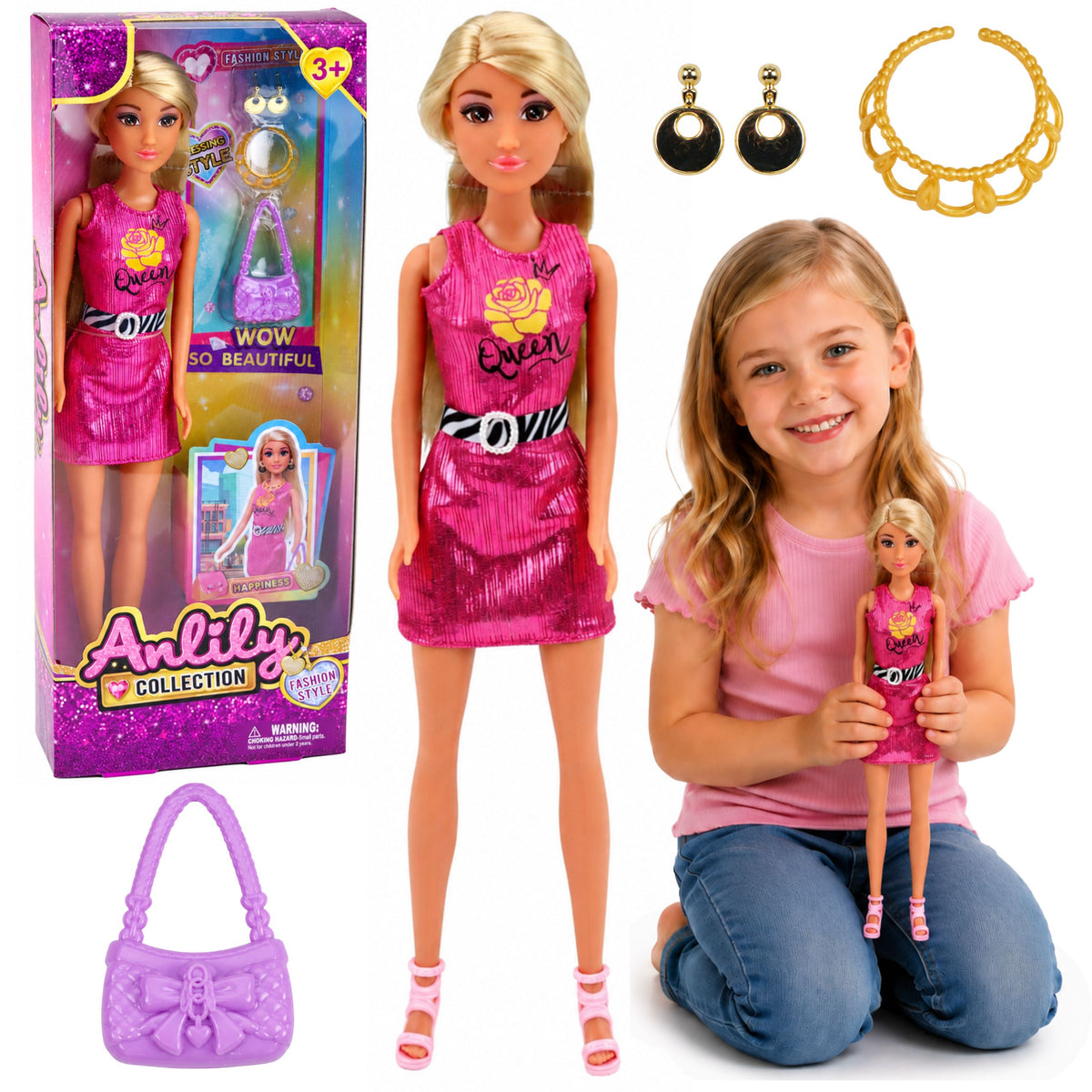 Anlily Doll In Pink Dress Purse Jewelry Accessories Set