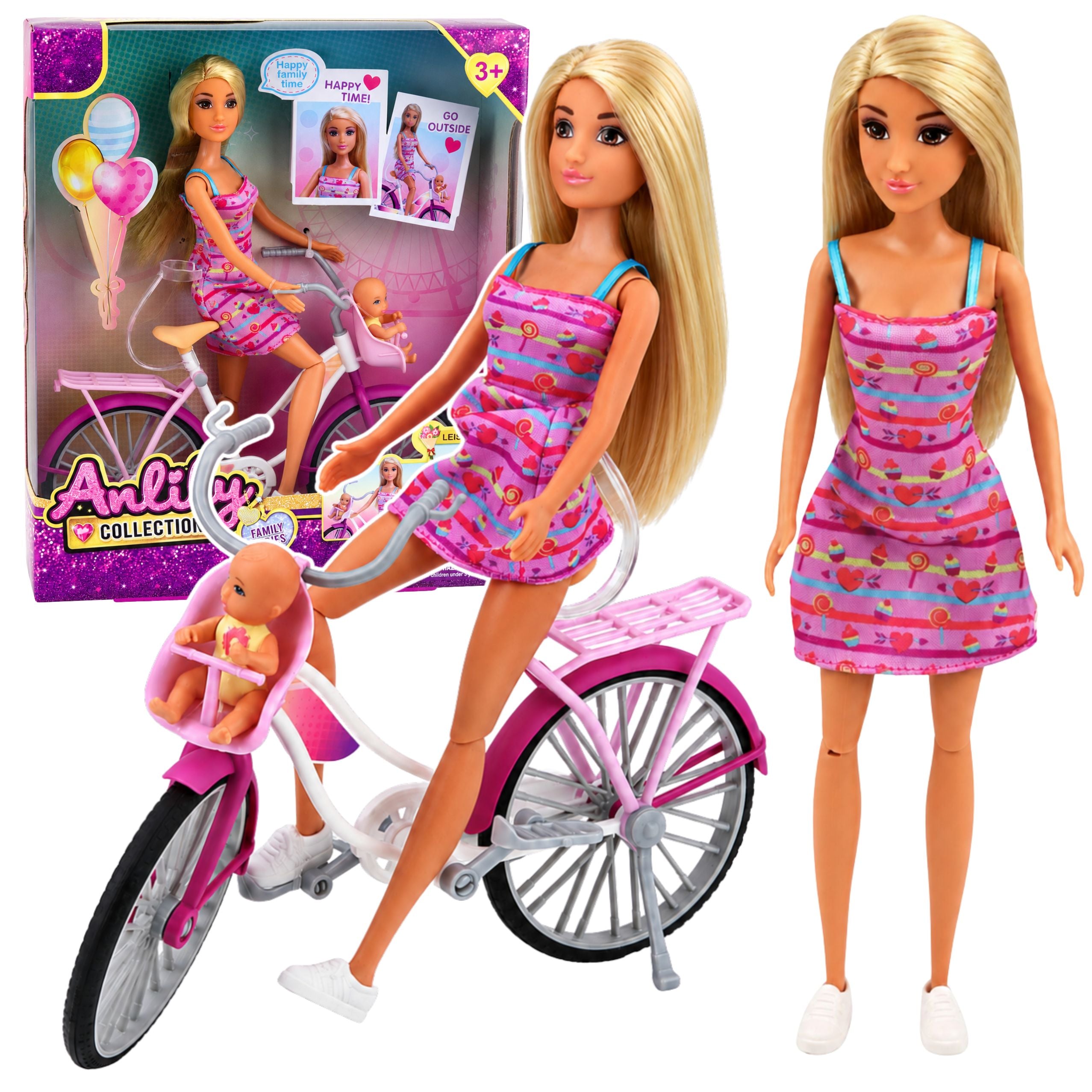 Anlily Doll In Pink Dress With Bicycle And Baby Seat Set