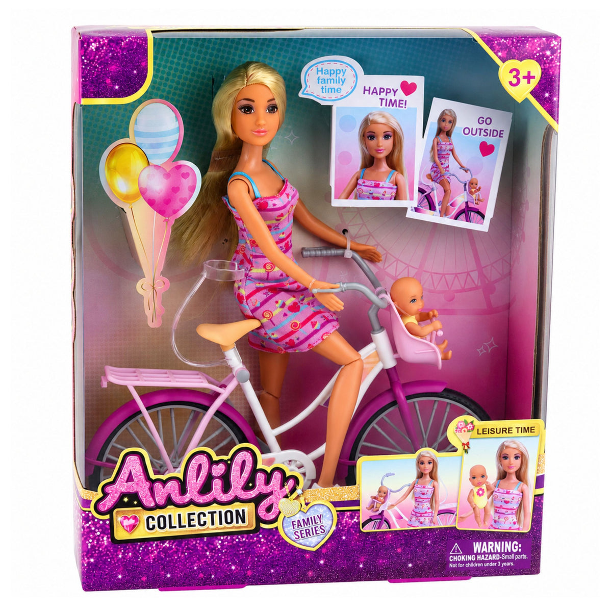 Poupée Anlily en robe rose avec ensemble vélo et siège bébé