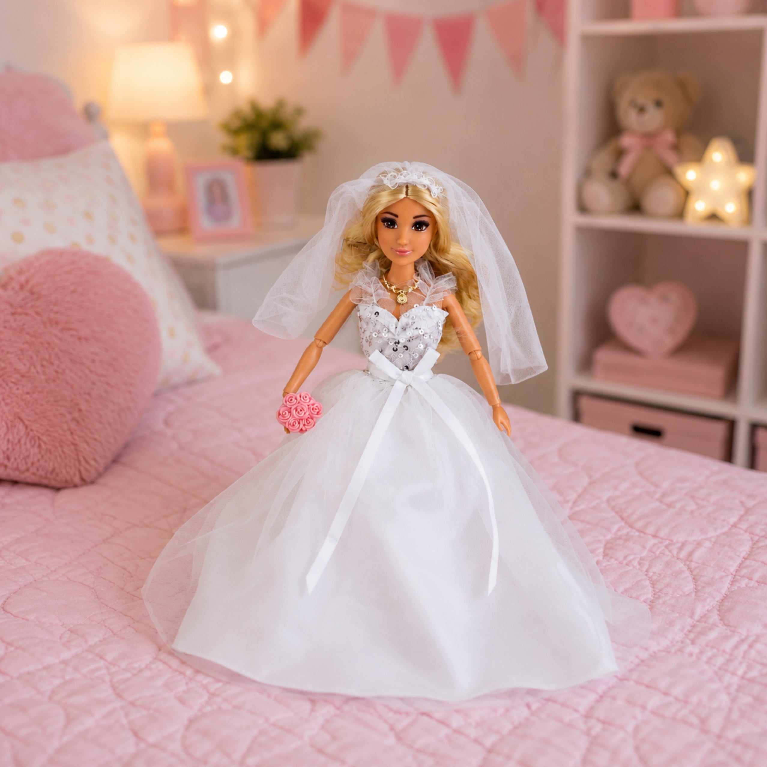 Anlily Doll I Pailletter Brudekjole Bride Veil Buketkage