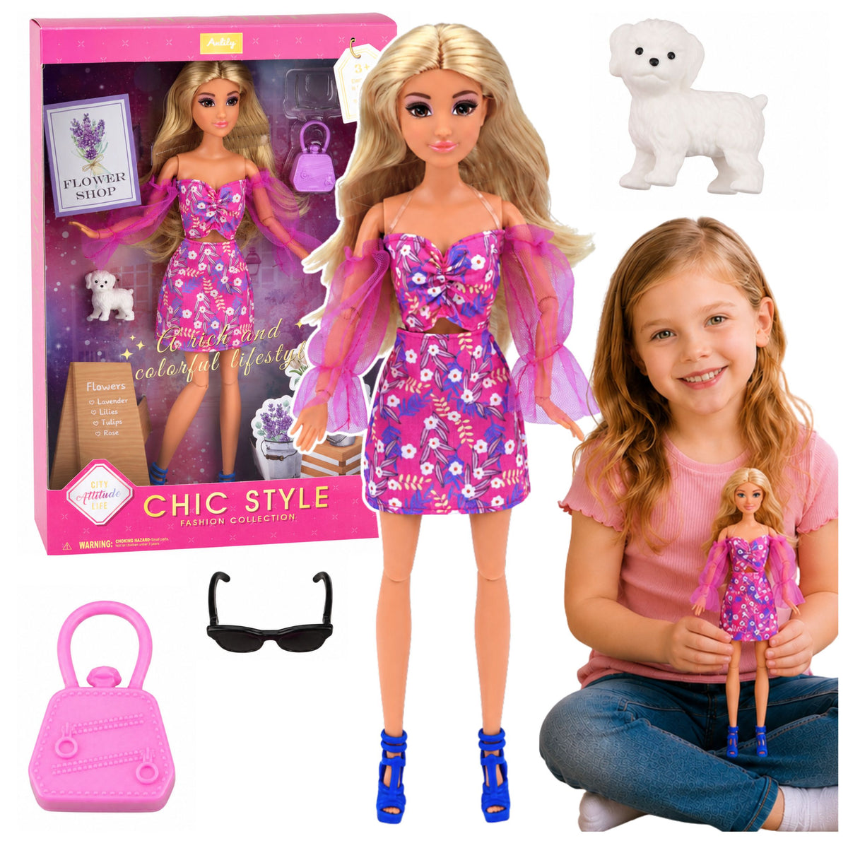 Anlily Fashion Doll In Pink Dress White Dog Purse Glasses Set