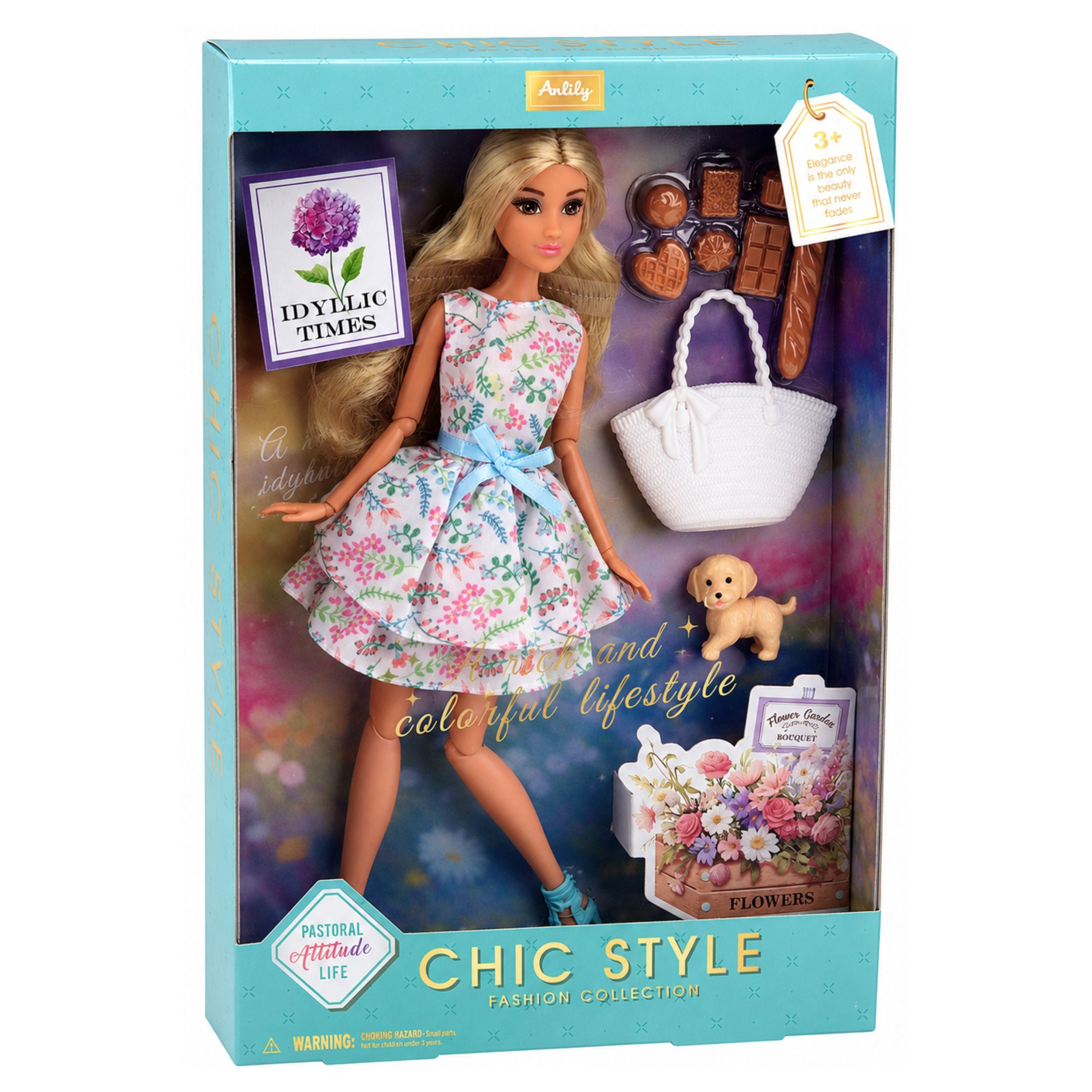 Anlily Doll With Dog Floral Dress Bag Snacks Accessories Set