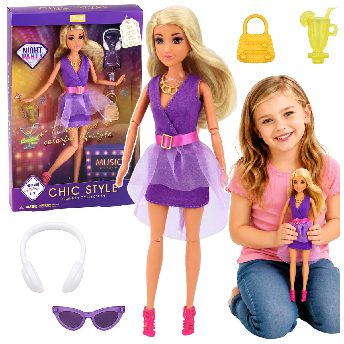 Anlily Fashion Doll In Purple Dress Hovedtelefoner Tilbehør Sæt