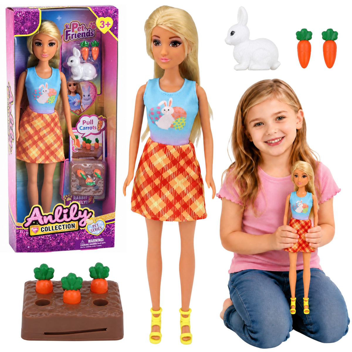 Anlily Puppe mit weißem Kaninchen und Karotten Karottenständer-Set