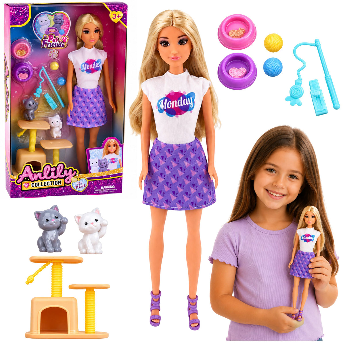 Anlily Doll With Kittens Scratching Post Cat Accessories Bowls Toys Set