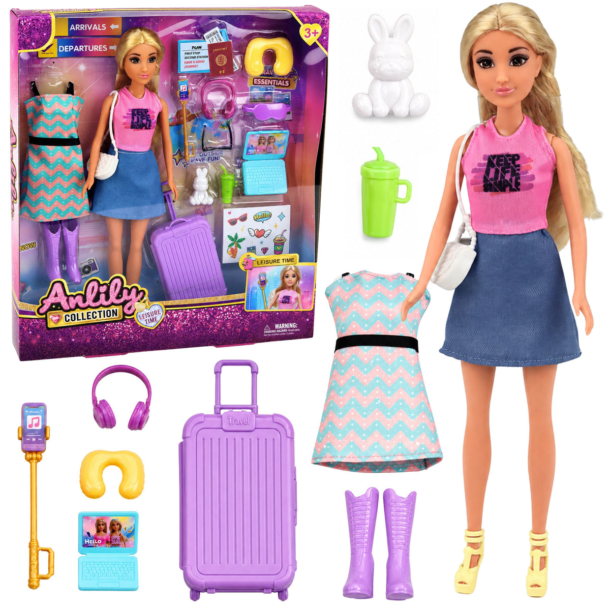 Anlily Traveler Doll With Suitcase Travel Pillow Laptop Accessories