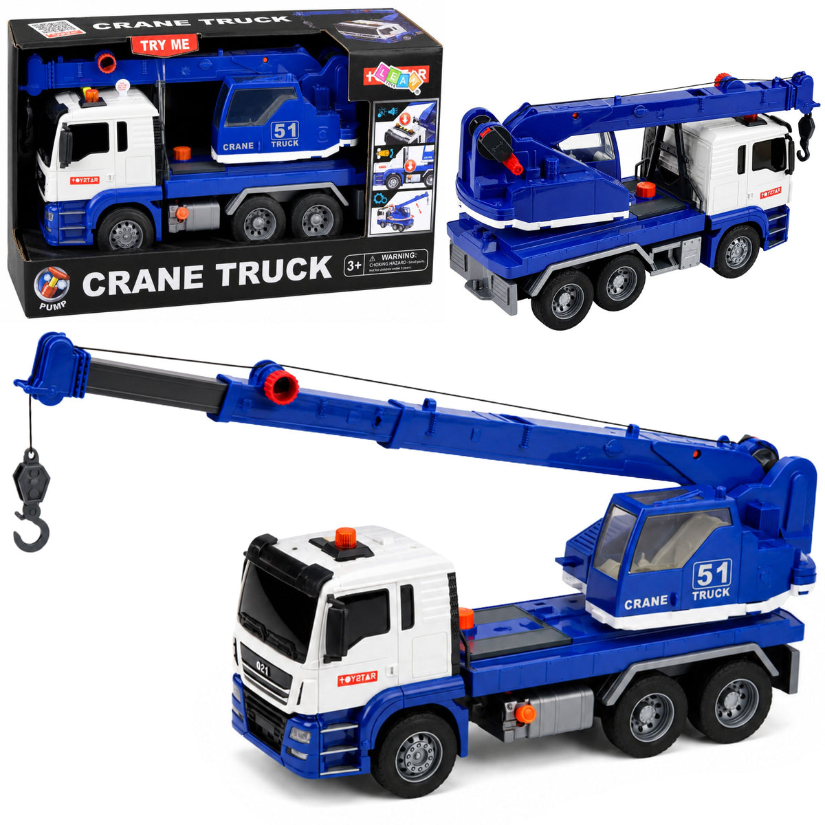 Le luci regolabili del camion con gru da cantiere suonano in blu