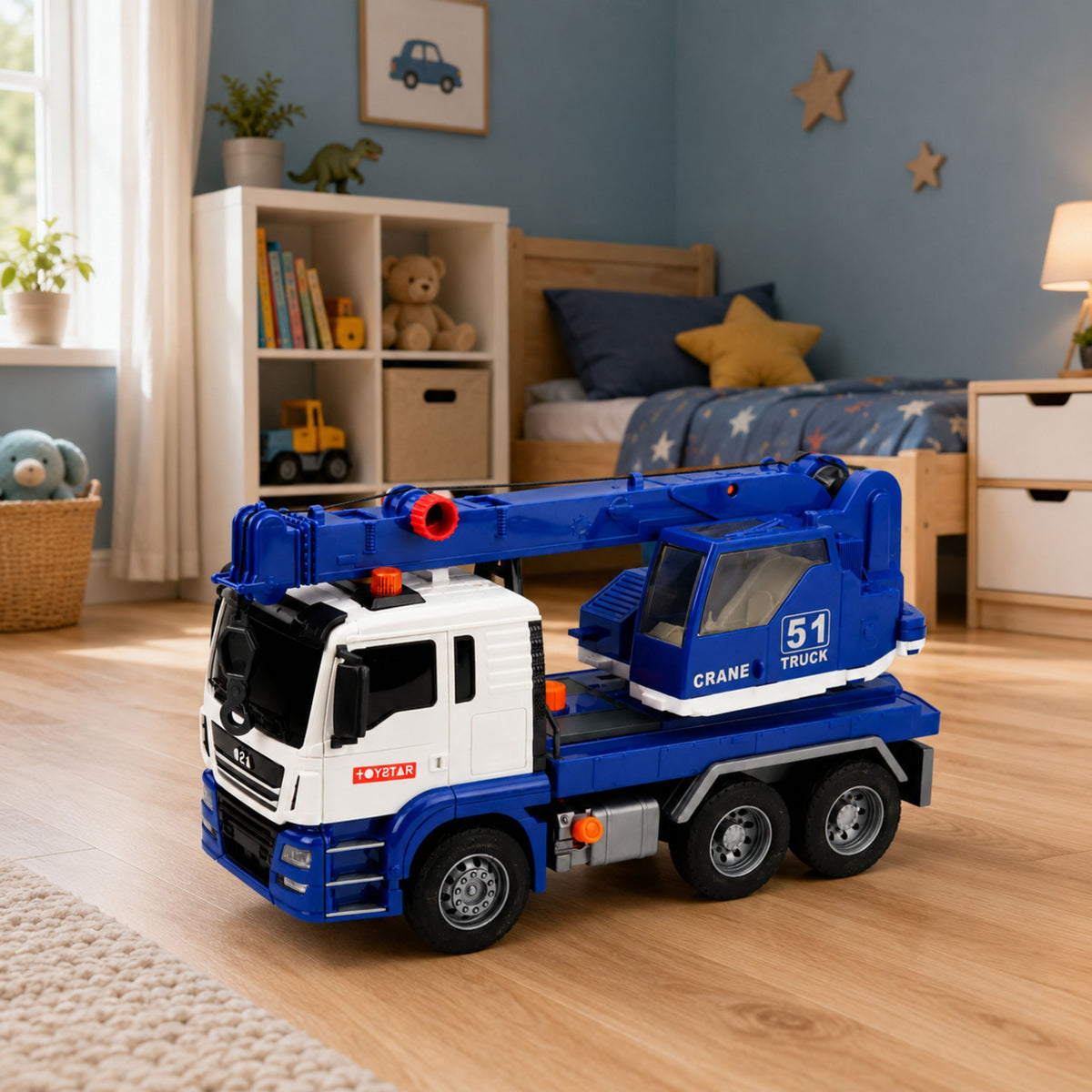 Le luci regolabili del camion con gru da cantiere suonano in blu