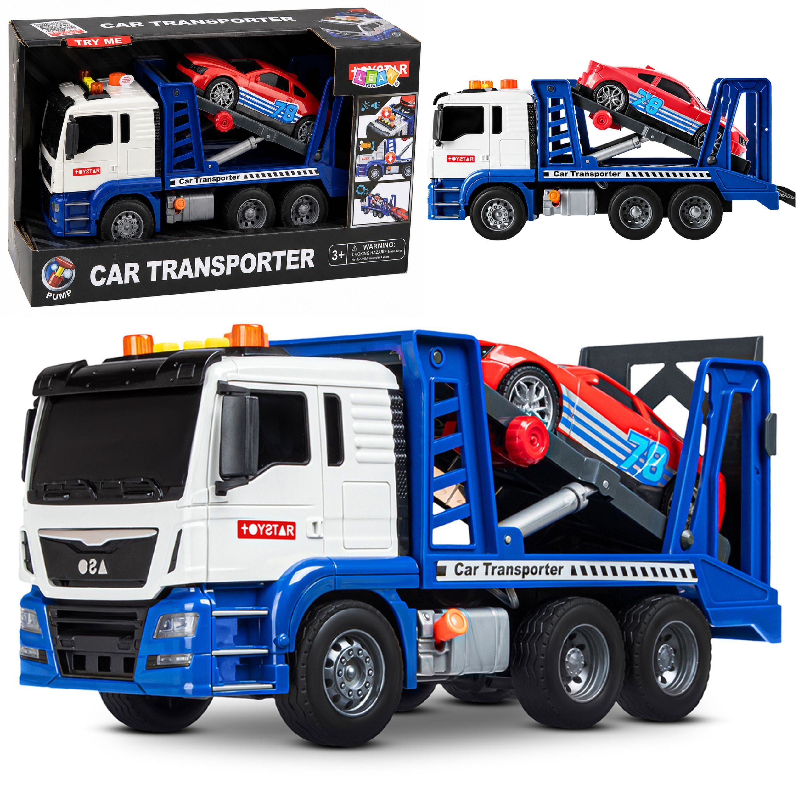 Lora Tow Truck With Car Drive Lights Sounds Blue