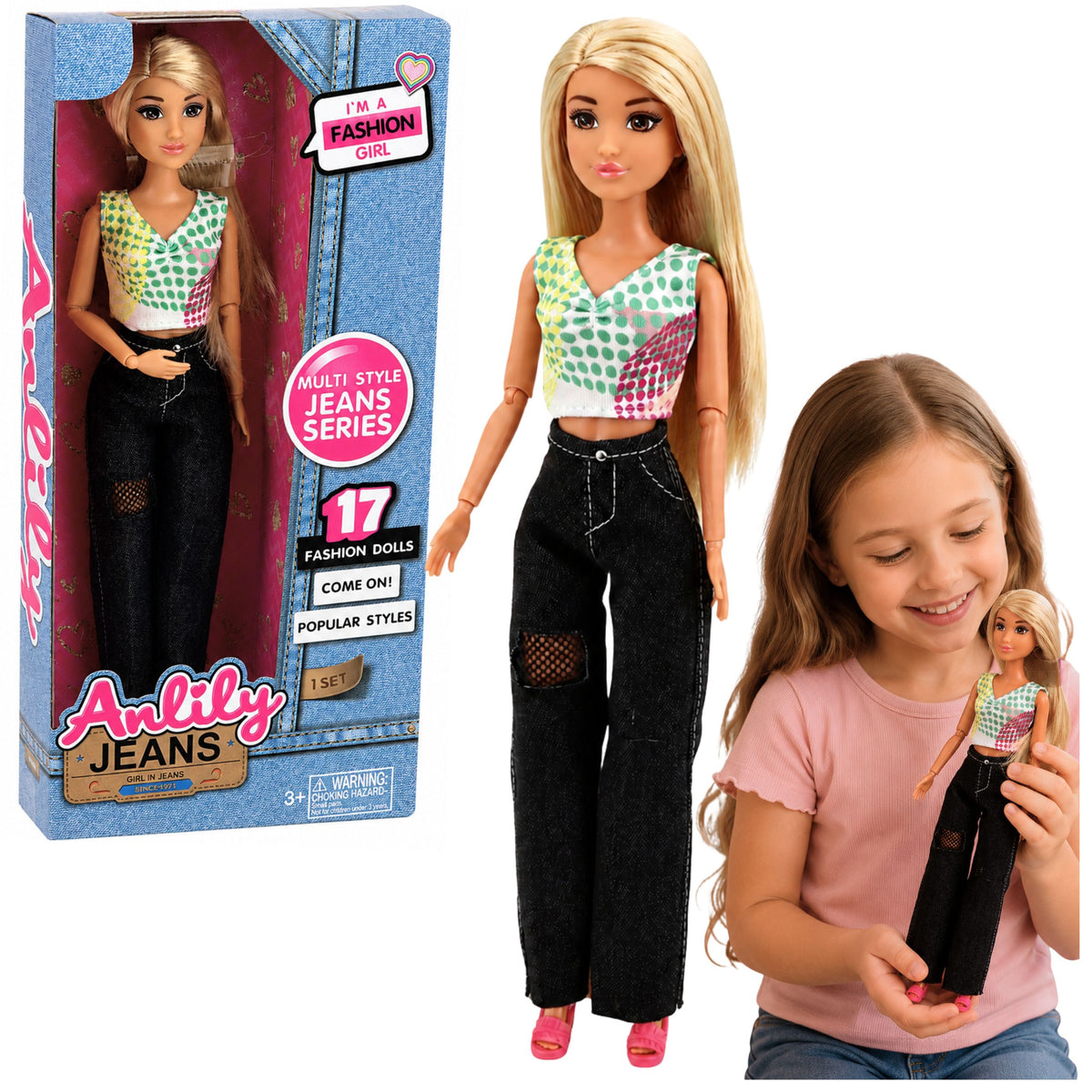 Anlily Fashion Doll In Dark Jeans Colorful Top Blonde Hair