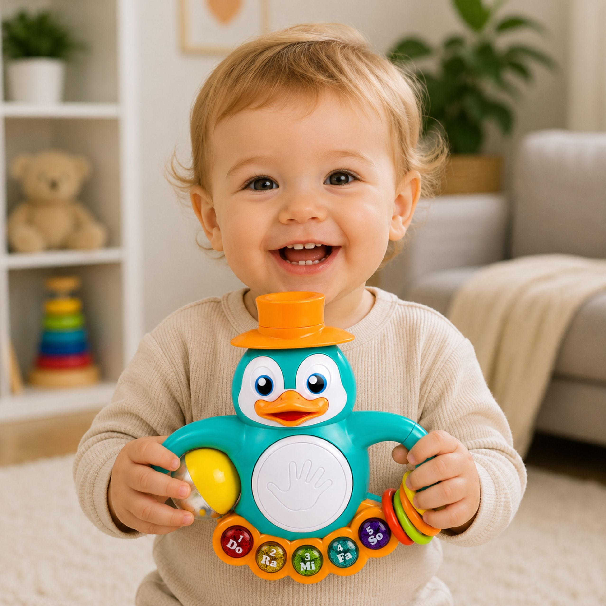 Interactive Toy Penguin Piano Drum Beads Rattling Ball