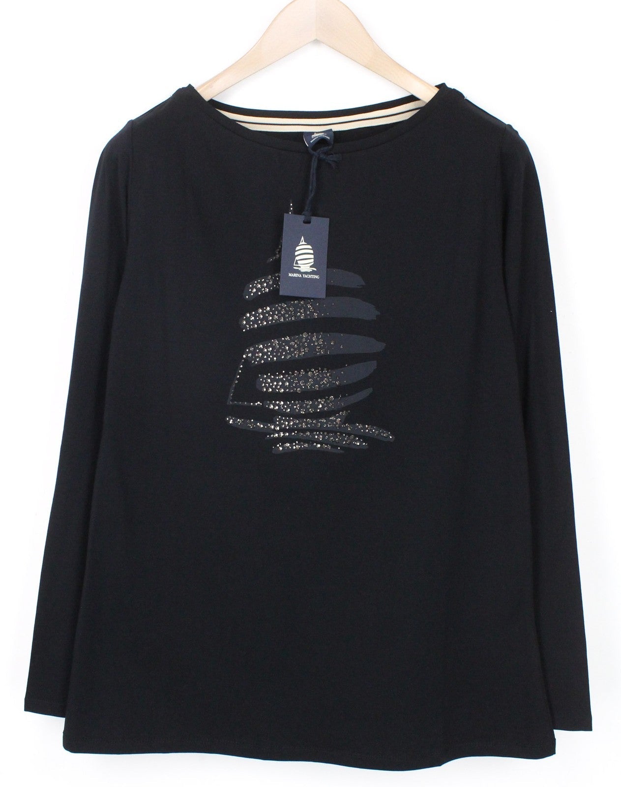 Marina Yachting Camiseta feminina preta com gola redonda e strass pull-on