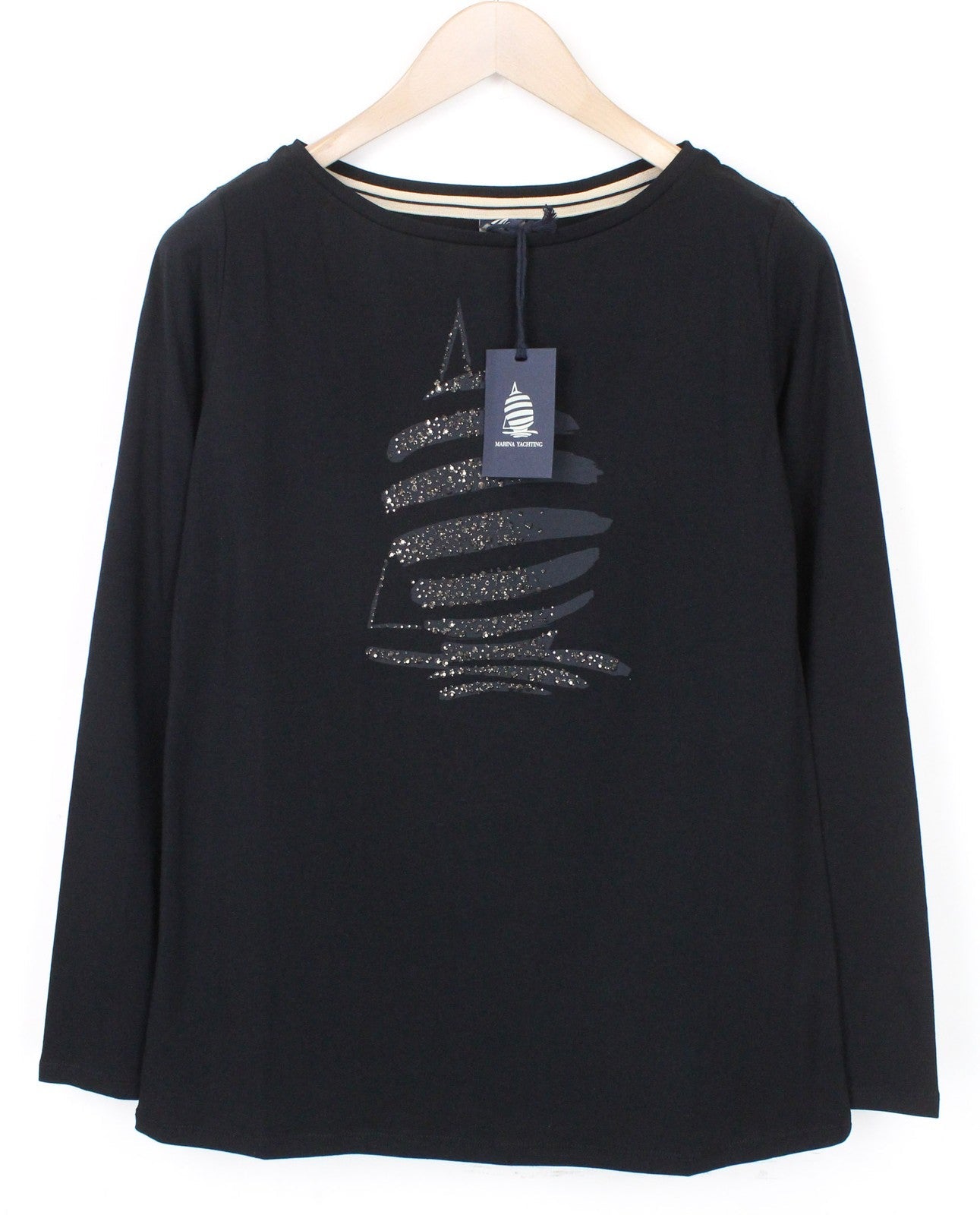 T-shirt damski Marina Yachting, czarny, bawełniany, z okrągłym dekoltem i kryształkami