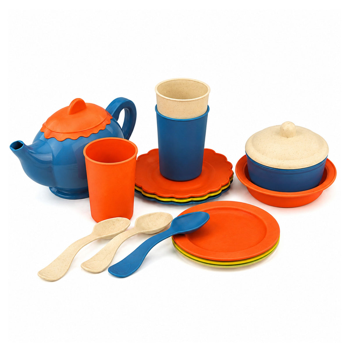 Kindergeschirr-Set aus Bambusfaser, Blau und Orange, 15-tlg.