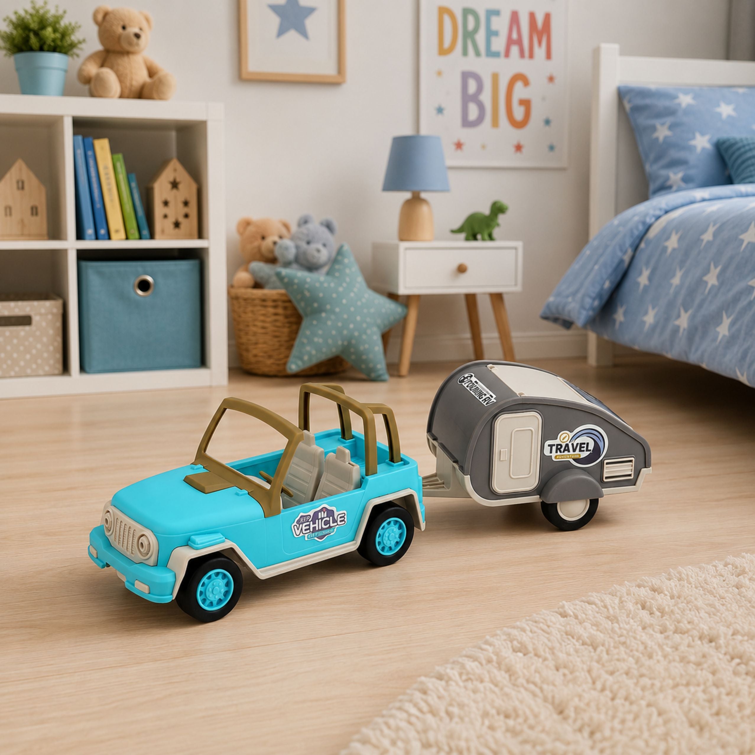 Off-road Vehicle With Camper Sounds Blue Tourist Set